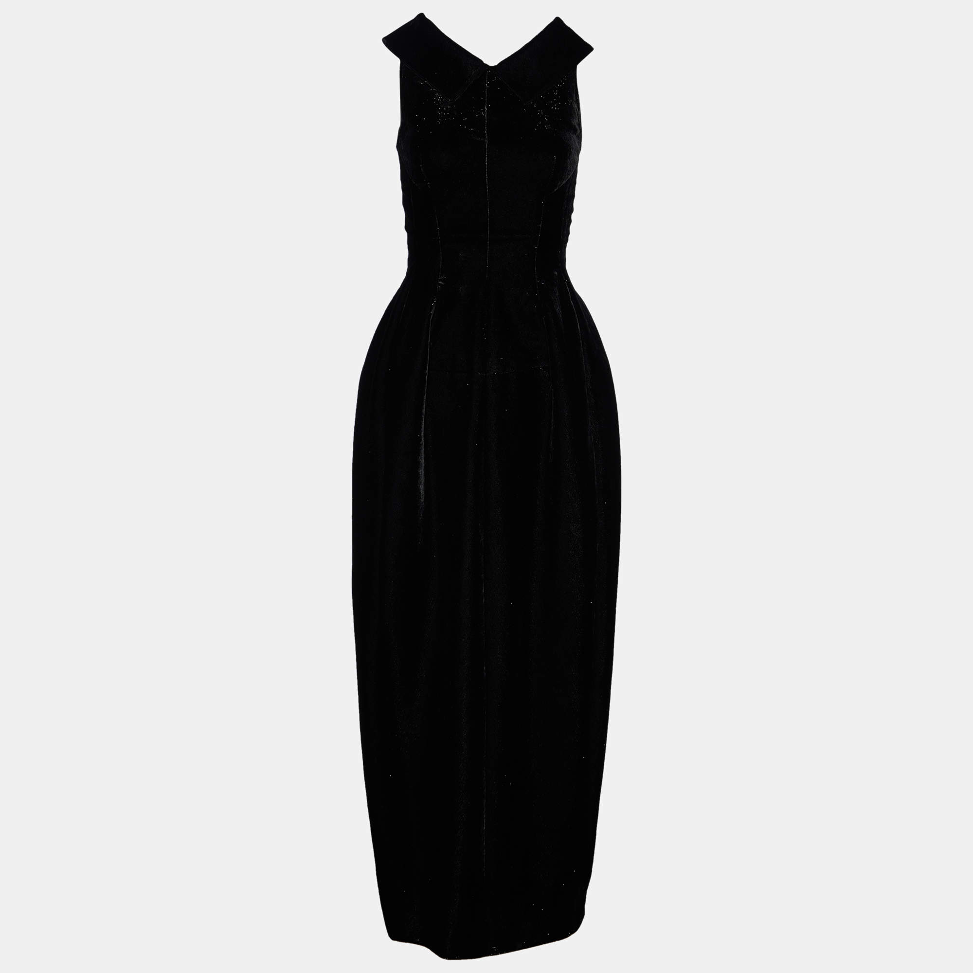 Pre Owned Alaia Black Lamé Velvet Collared Maxi Dress M