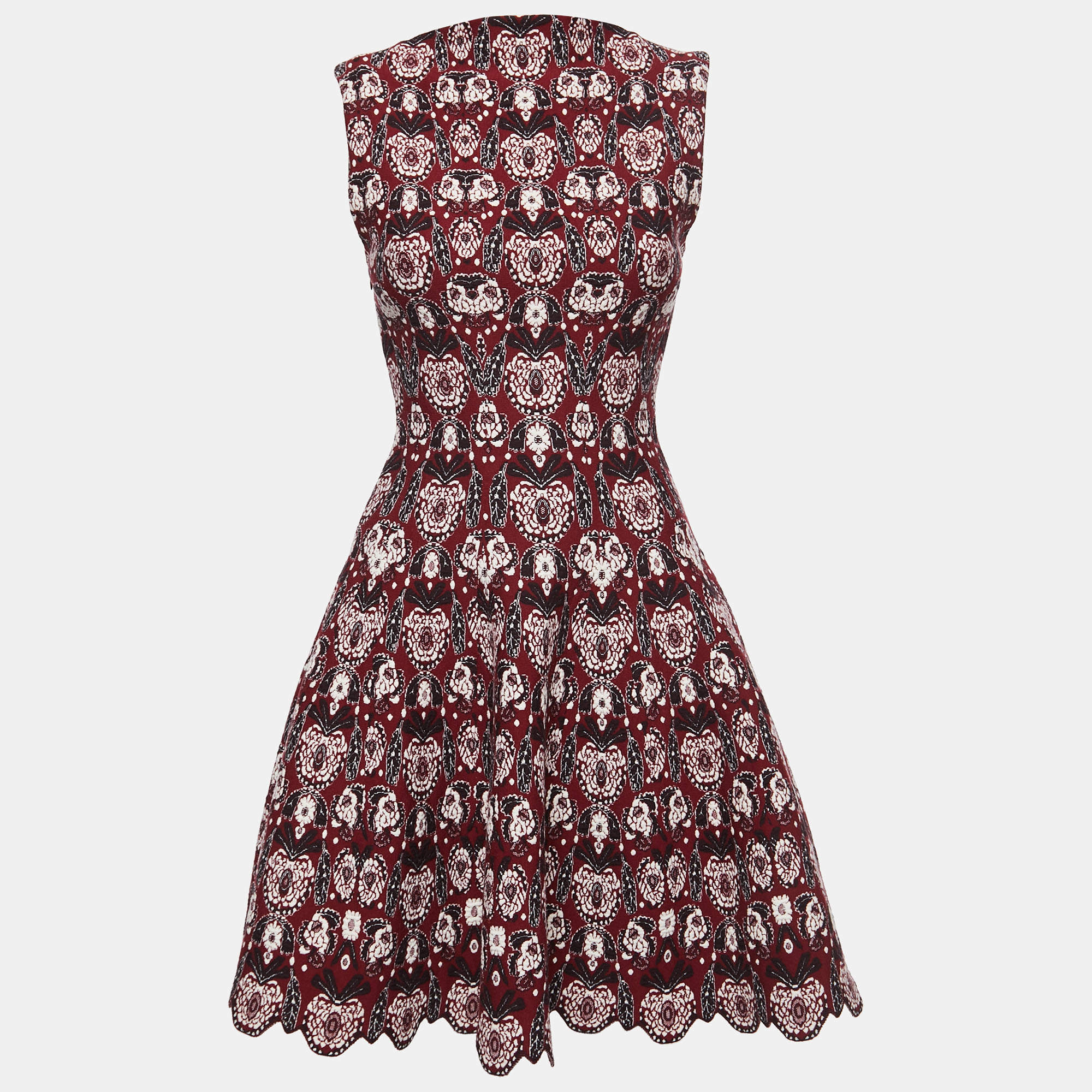 Pre Owned Alaia Maroon Jacquard Wool Knit Scalloped Hem Dress S