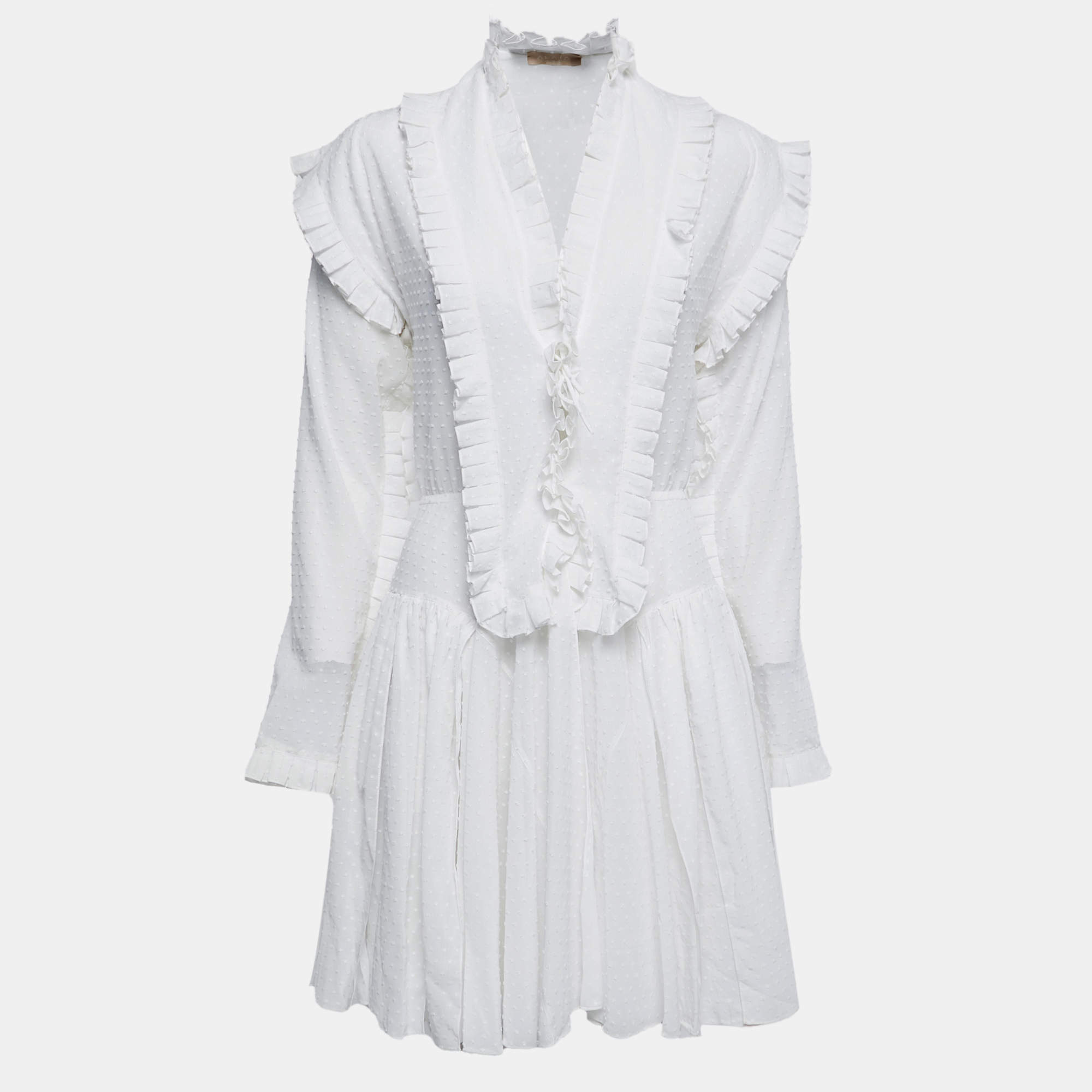 Alaia White Dotted Cotton Long Sleeve Ruffled Mini Dress M