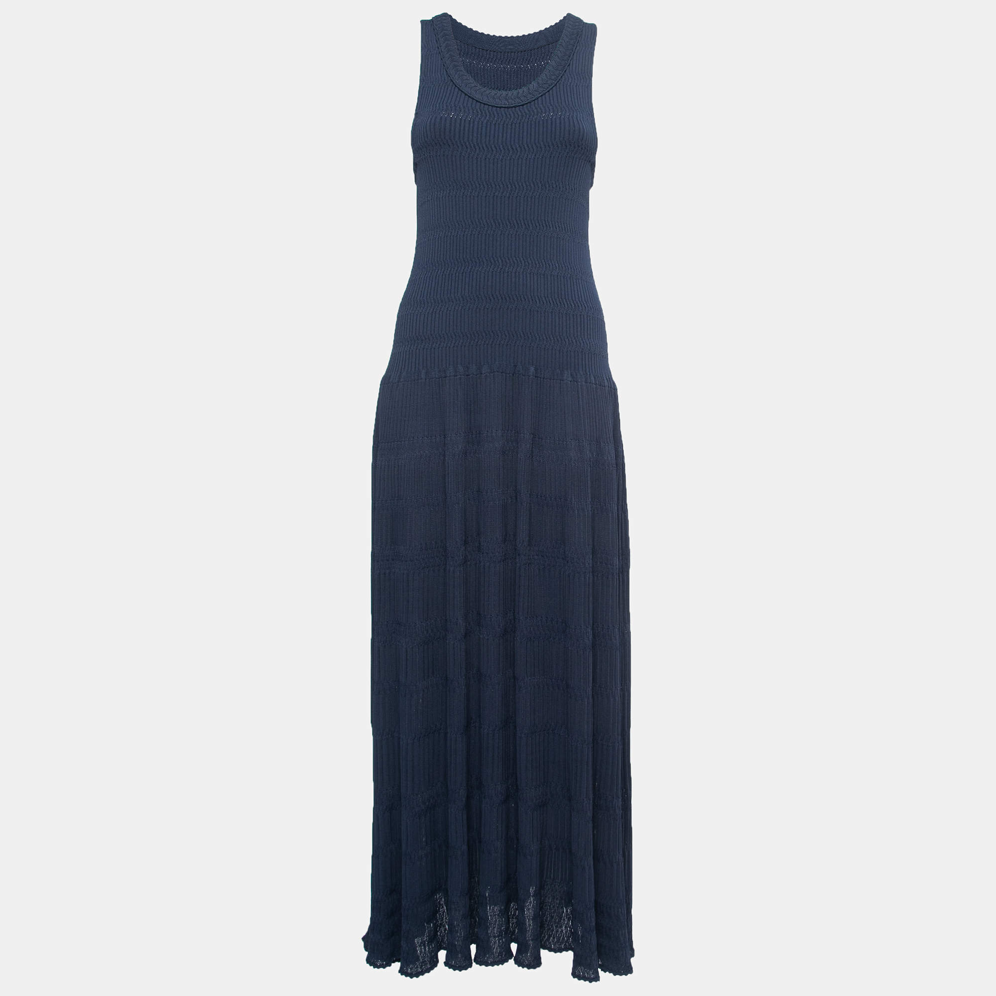 Pre Owned Alaia Navy Blue Patterned Knit Sleeveless Maxi Dress L