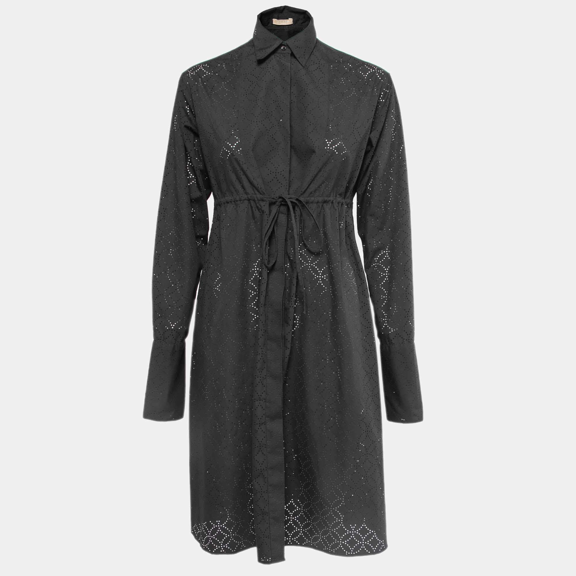 Alaia Black Perforated Cotton Blend Button Front Midi Shirt Dress S  