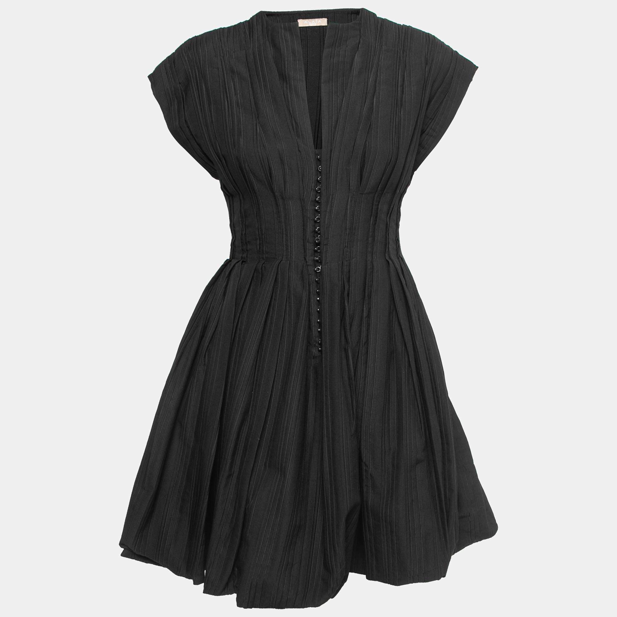 Pre Owned Alaia Black Wool Blend Corset Flare Mini Dress M