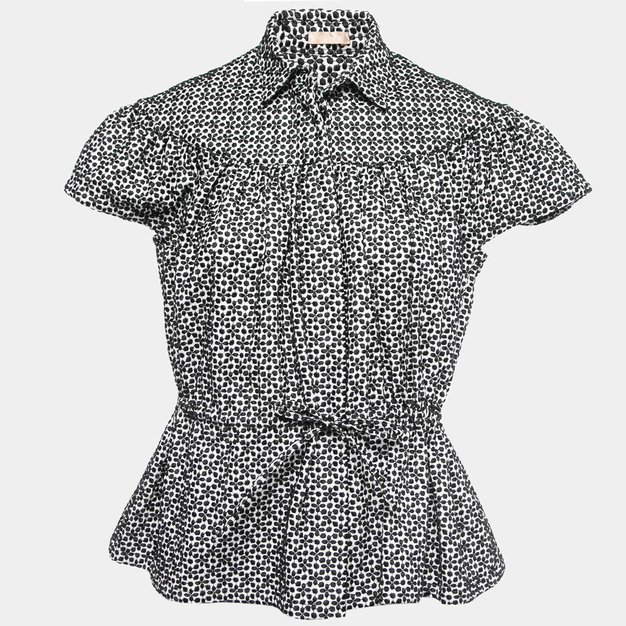 Alaia Black/White Embroidered Cotton Peplum Top M