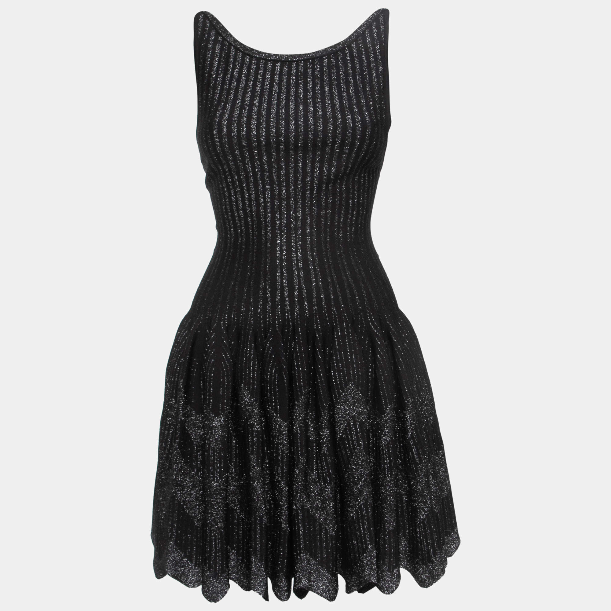 Alaia Black/Metallic Striped Lurex Knit Skater Mini Dress M Alaia