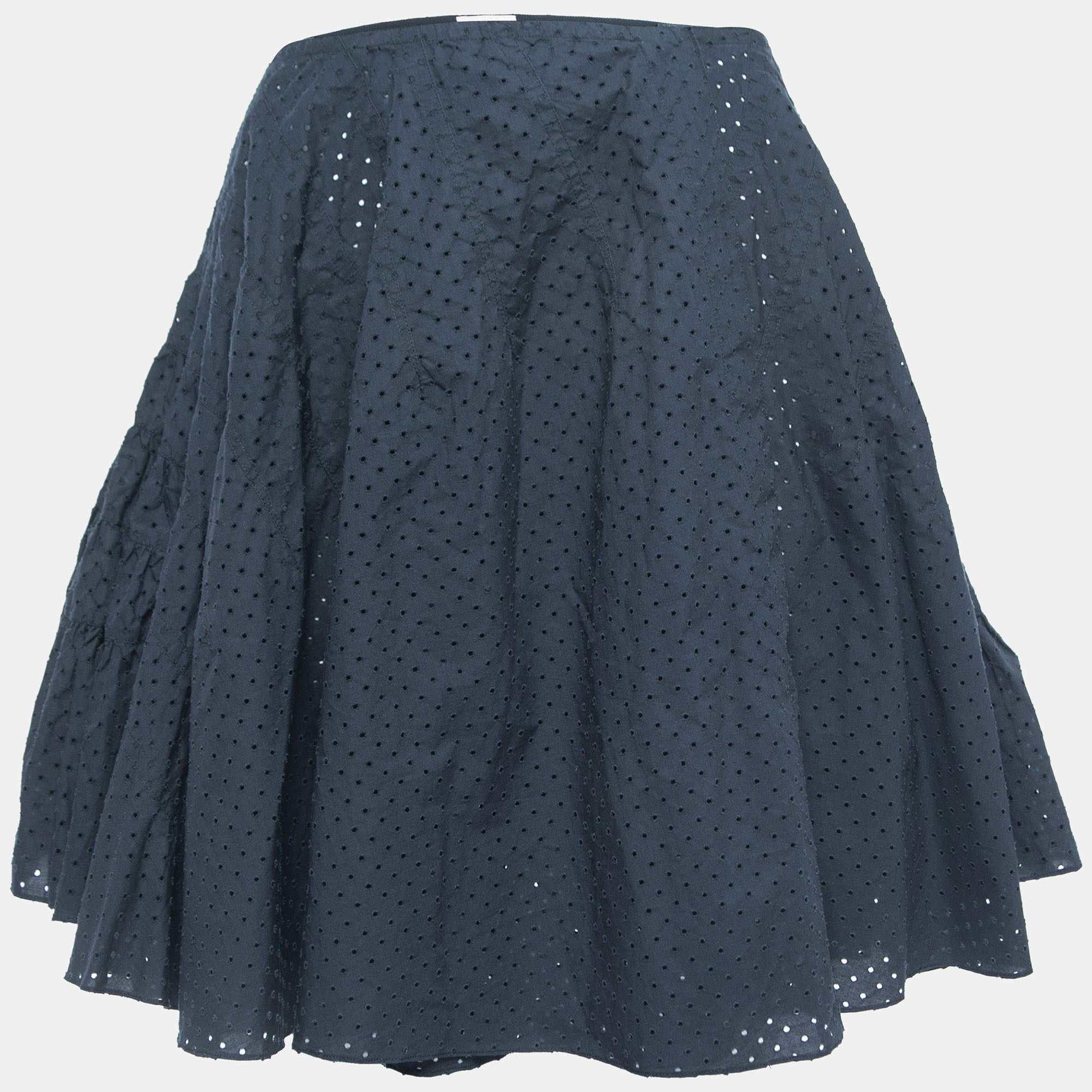 Pre Owned Alaia Navy Blue Eyelet Cotton Flared Mini Skirt M