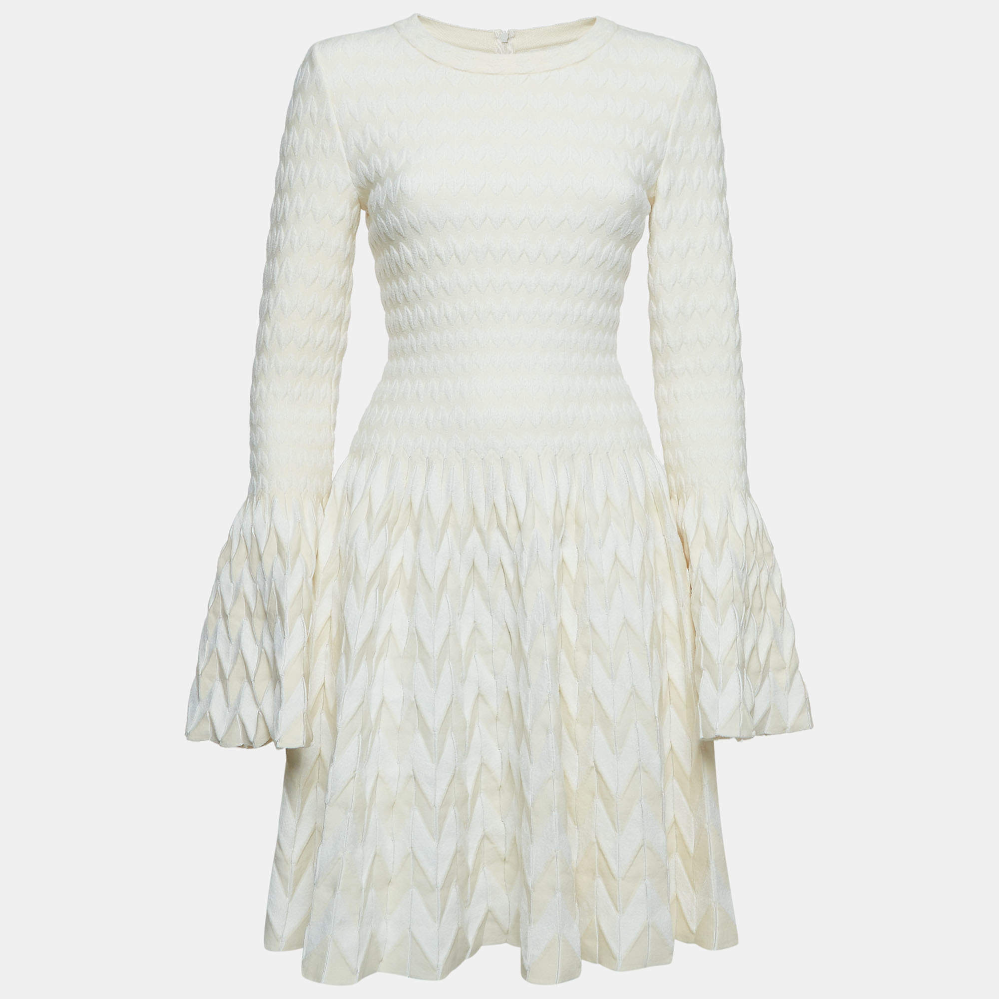 Pre Owned Alaia Cream Patterned Wool Blend Knit Short Dress M