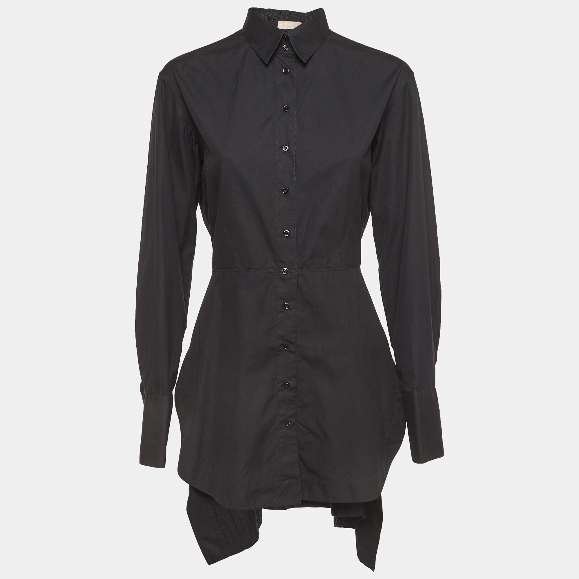 Pre Owned Alaia Black Gathered Cotton Long Sleeve Mini Shirt Dress L