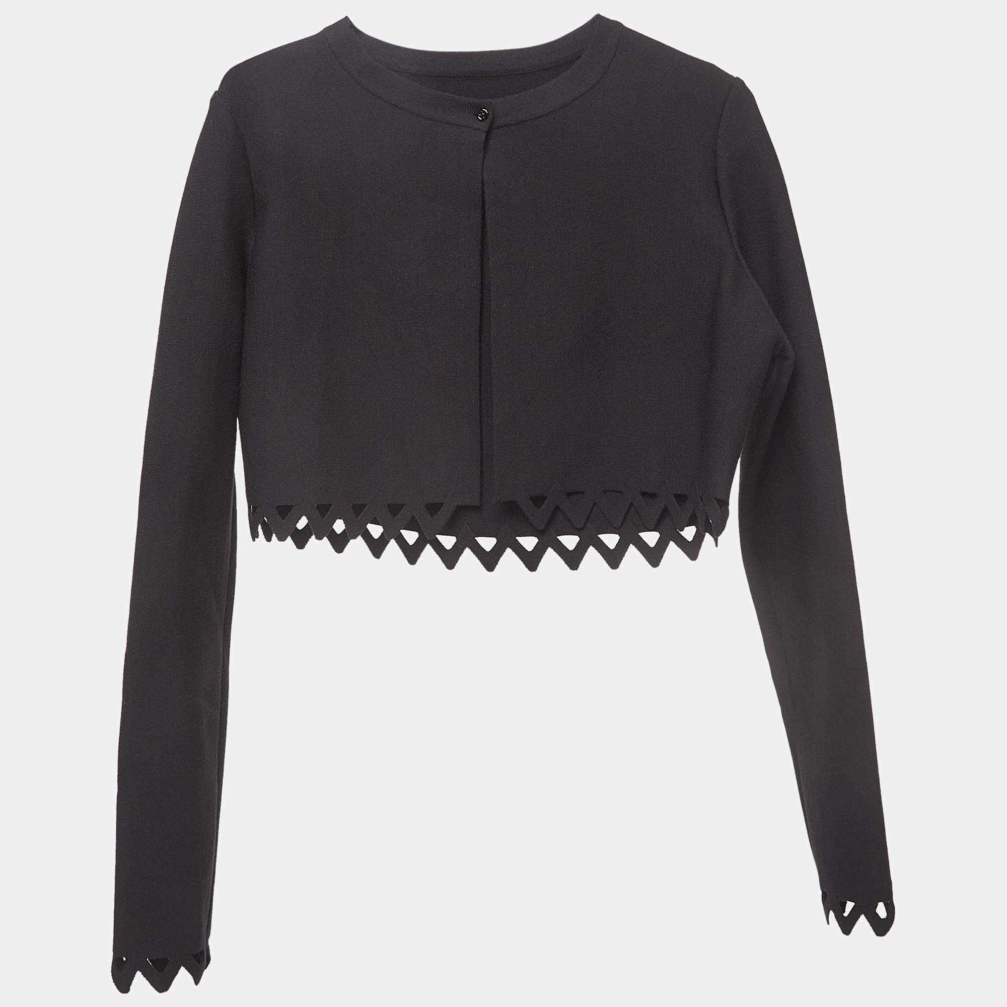 Alaia Black Knit Scallop Cut-Out Hem Cropped Cardigan L