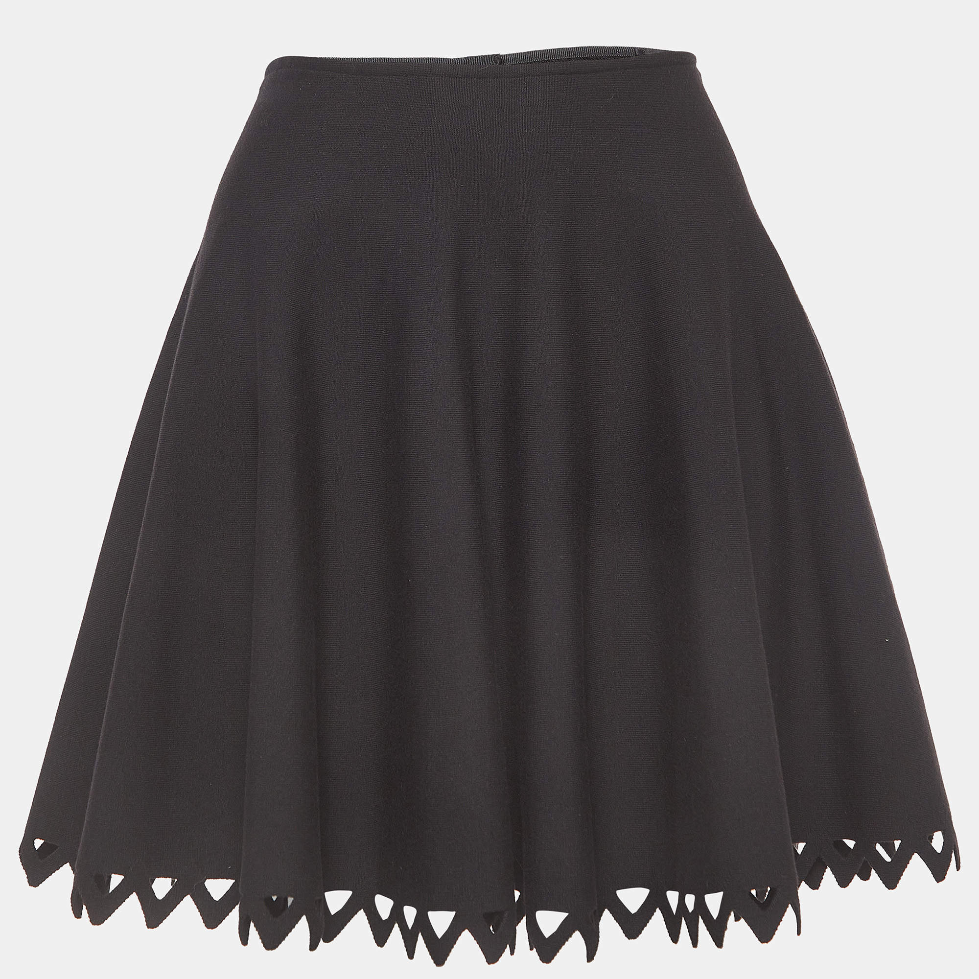Alaia Black Knit Scallop Cut-Out Hem Flared Mini Skirt M