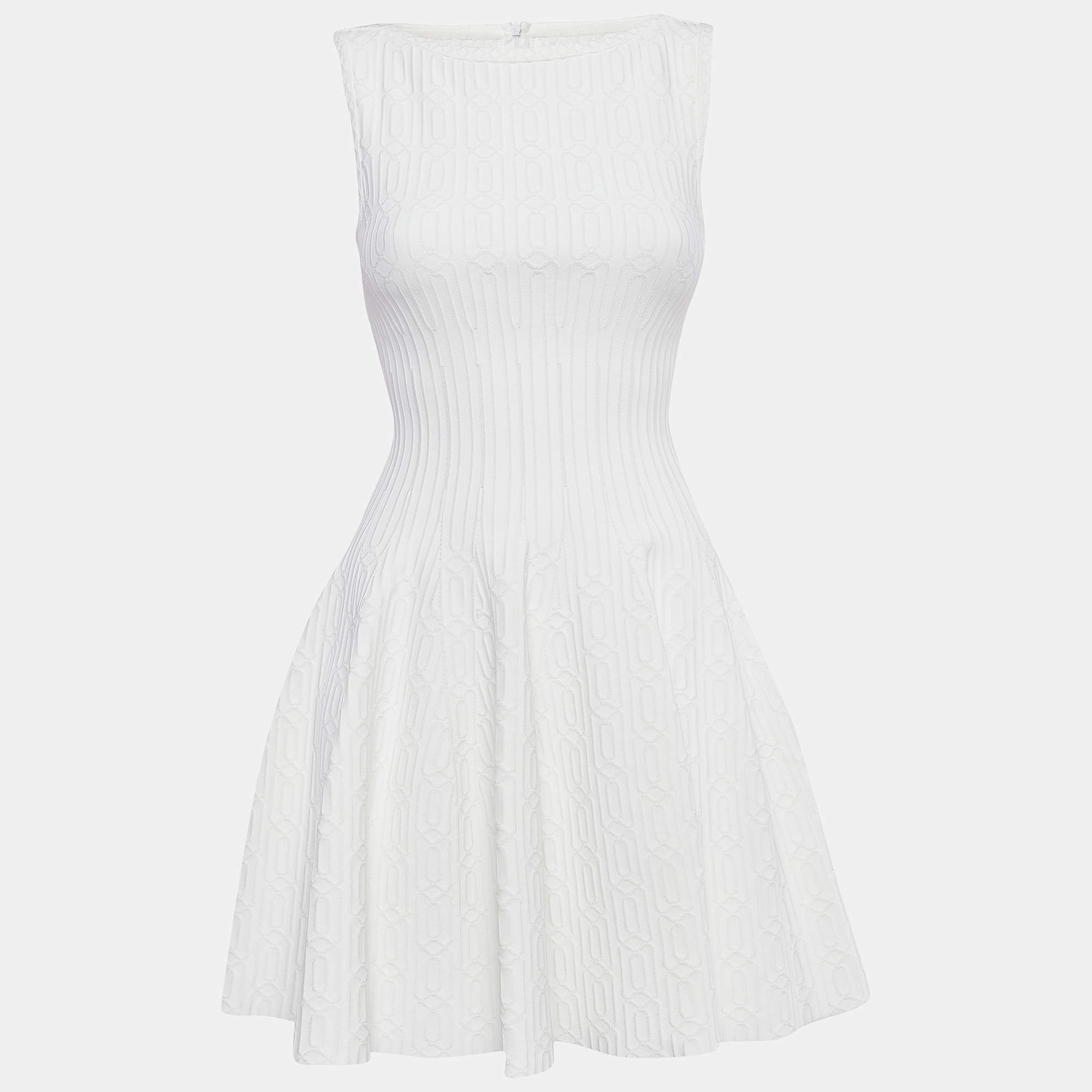Alaia White Textured Knit Sleeveless Flared Mini Dress M