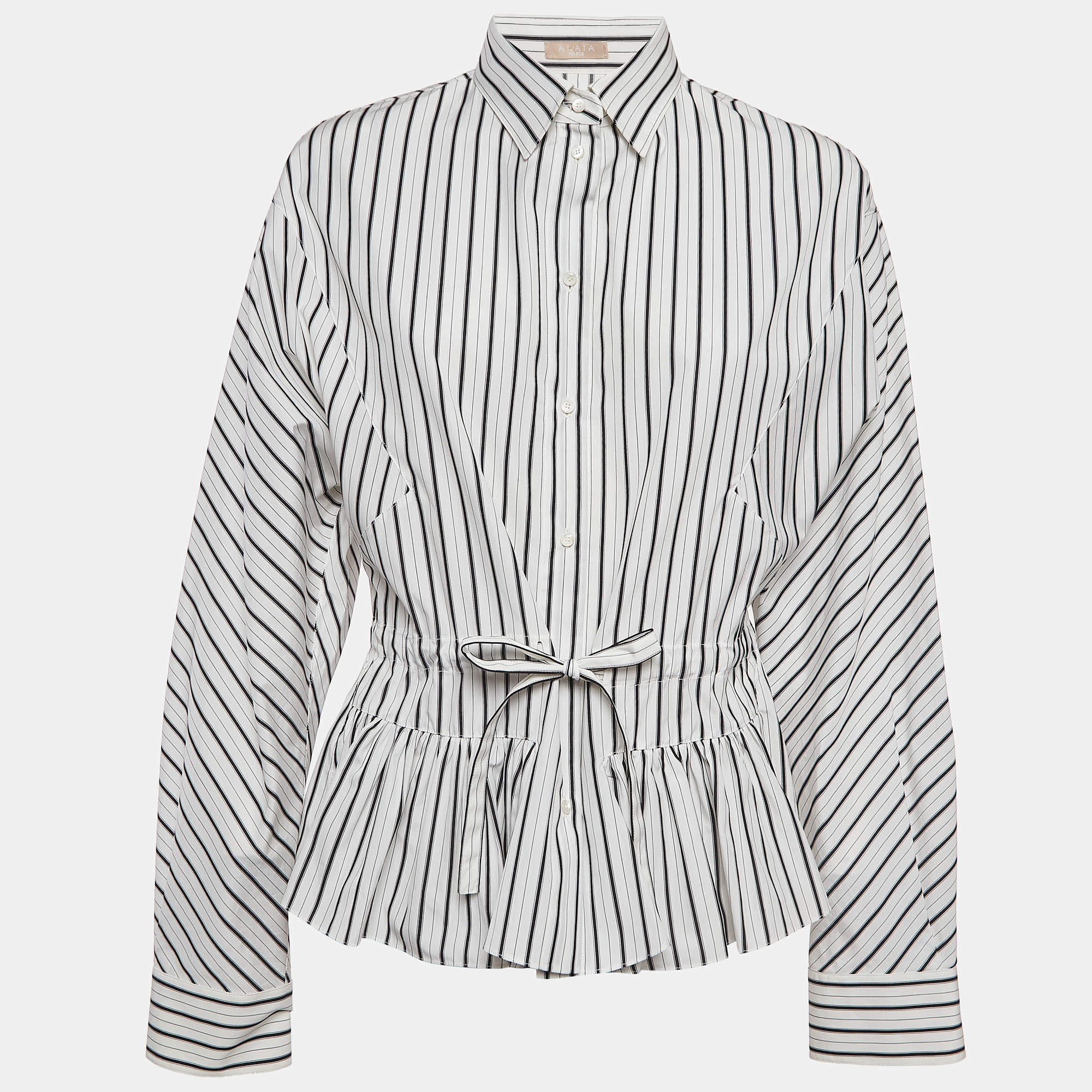 Pre Owned Alaia White/Black Pinstripe Cotton Cinched Waist Shirt L