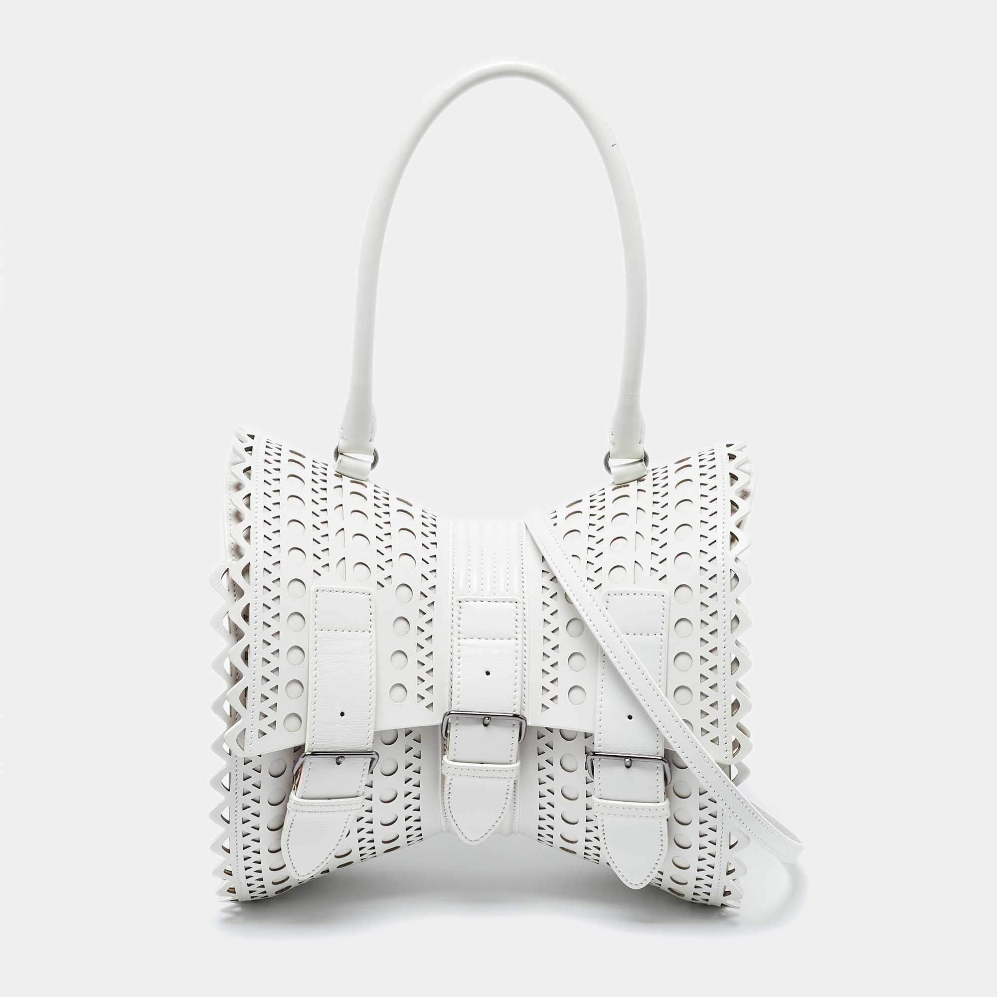 Pre Owned Alaia White Laser Cut Leather Edition 1992 Corset Bag