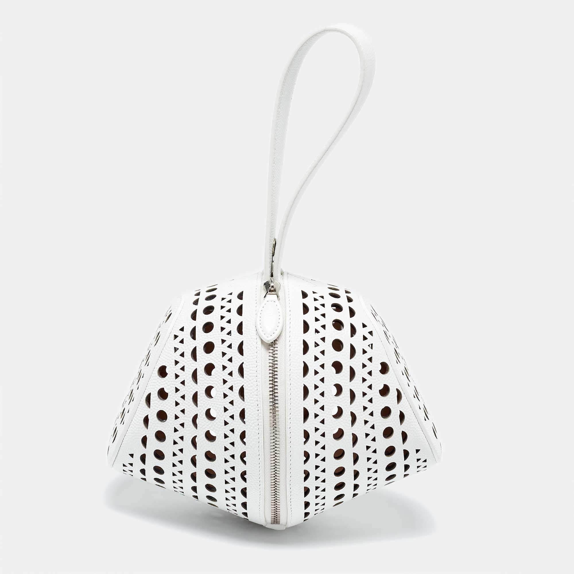 Alaia White Laser Cut Leather Round Shape Bag