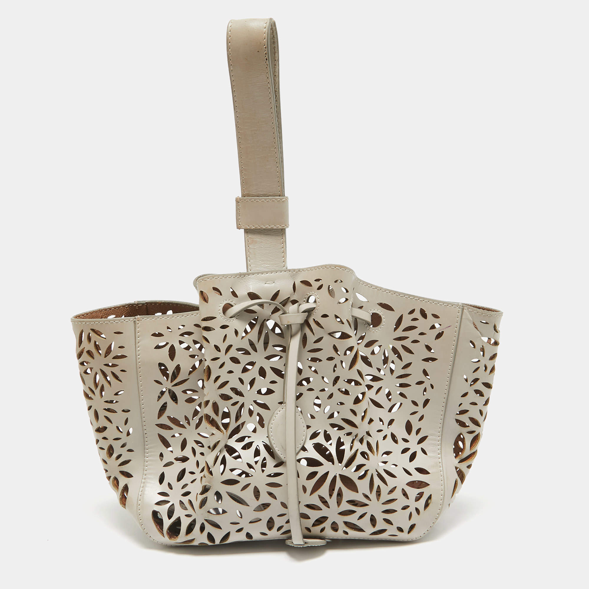 Alaia Beige Lasercut Leather Rose Marie Bucket Bag