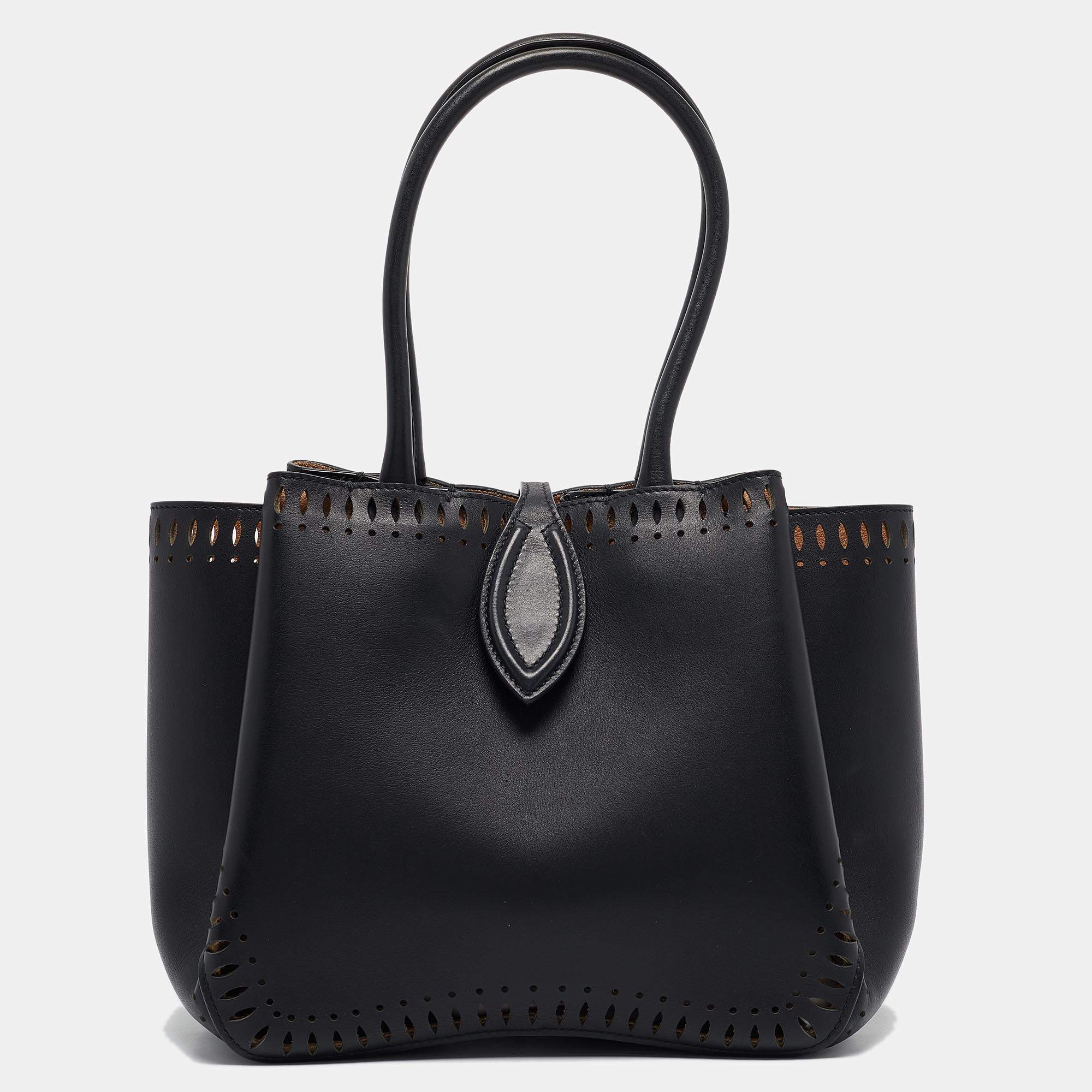 Alaia Black Laser Cut Leather Angele 20 Petal Tote