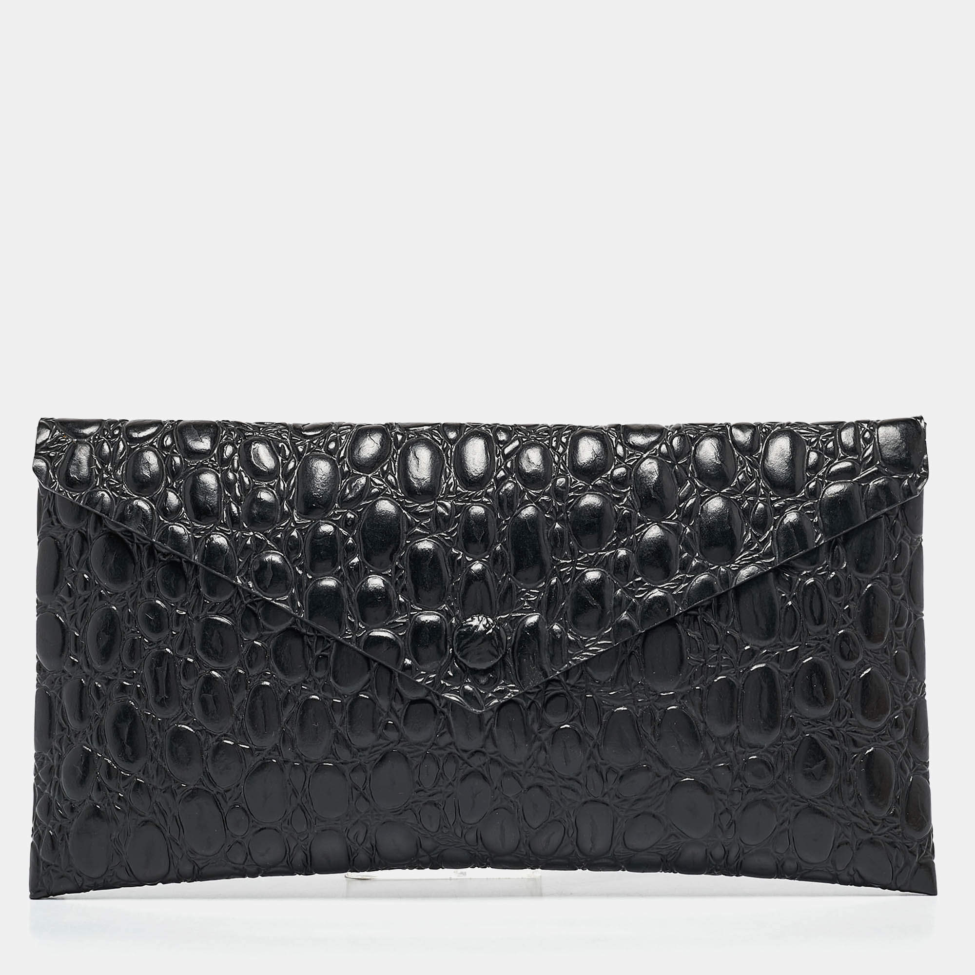 Alaia Black Croc Embossed Leather Envelope Clutch