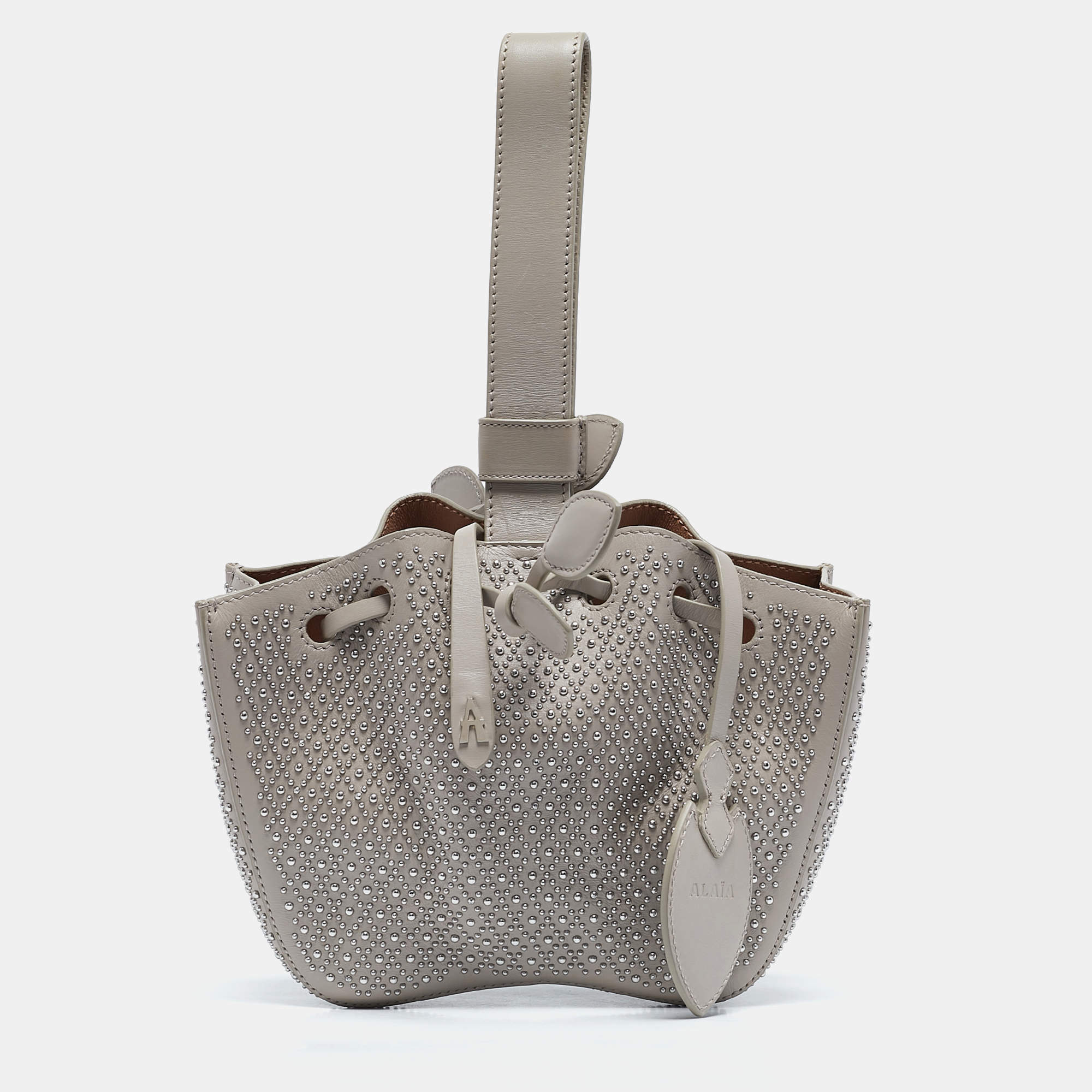 Alaia Grey Leather Mini Studded Rose Marie Bucket Bag
