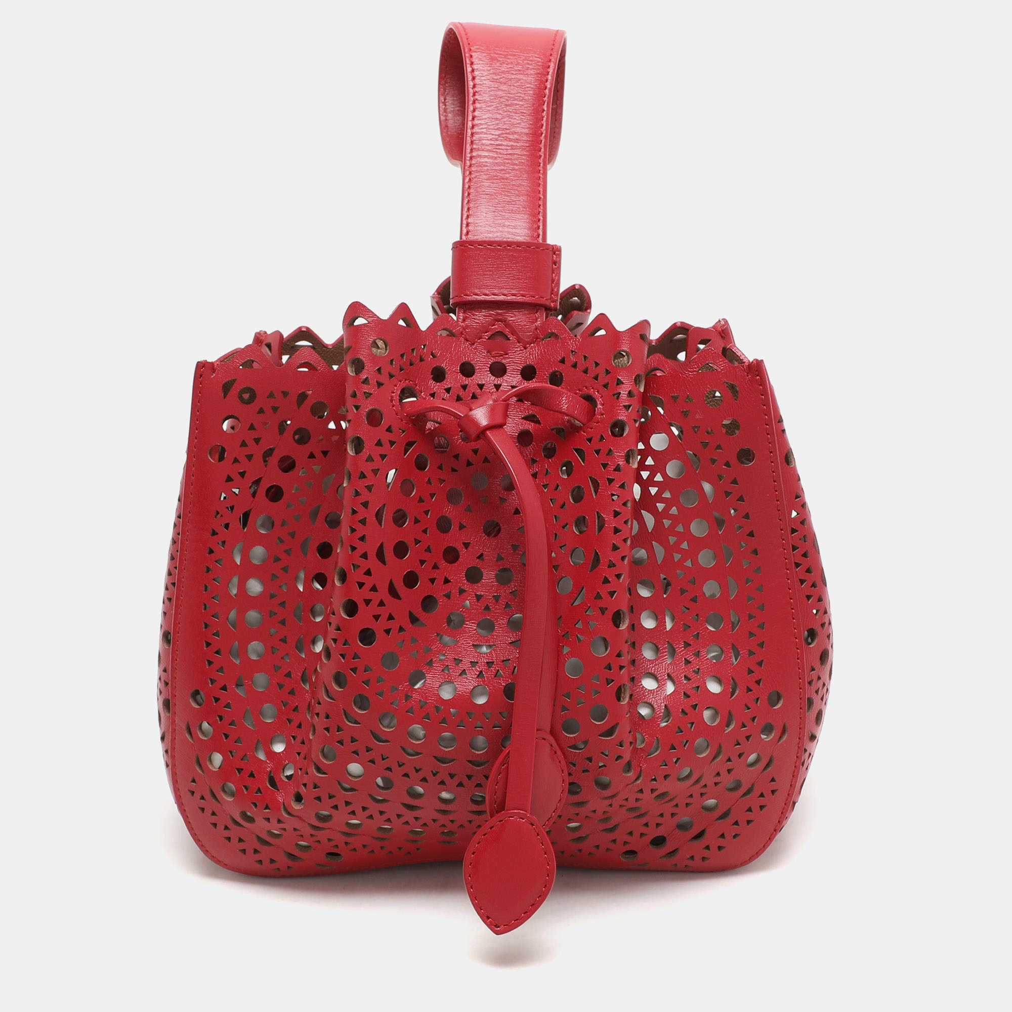 Pre Owned Alaia Red Perforated Leather Small Rose Marie Bucket Bag