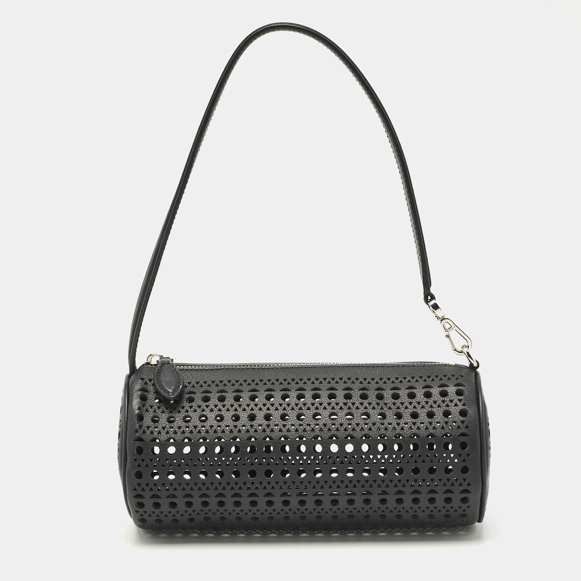 Pre Owned Alaia Black Perforated Leather Tube Shoulder Bag