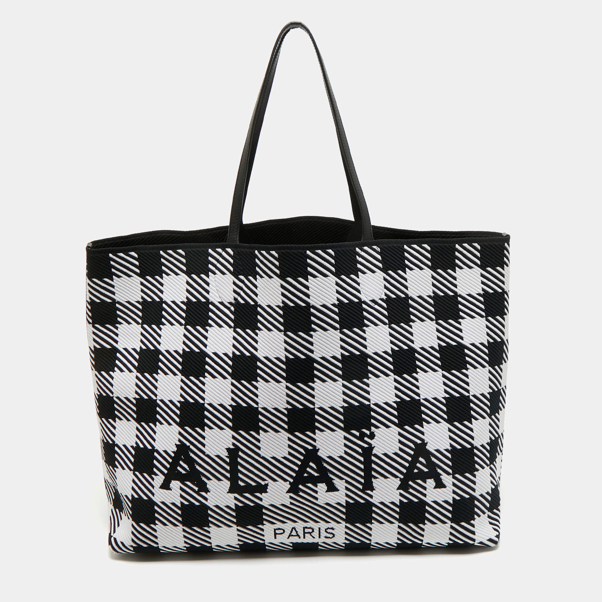 Pre Owned Alaïa Black/White Checkered Logo Jacquard Knit Fabric Large Tote