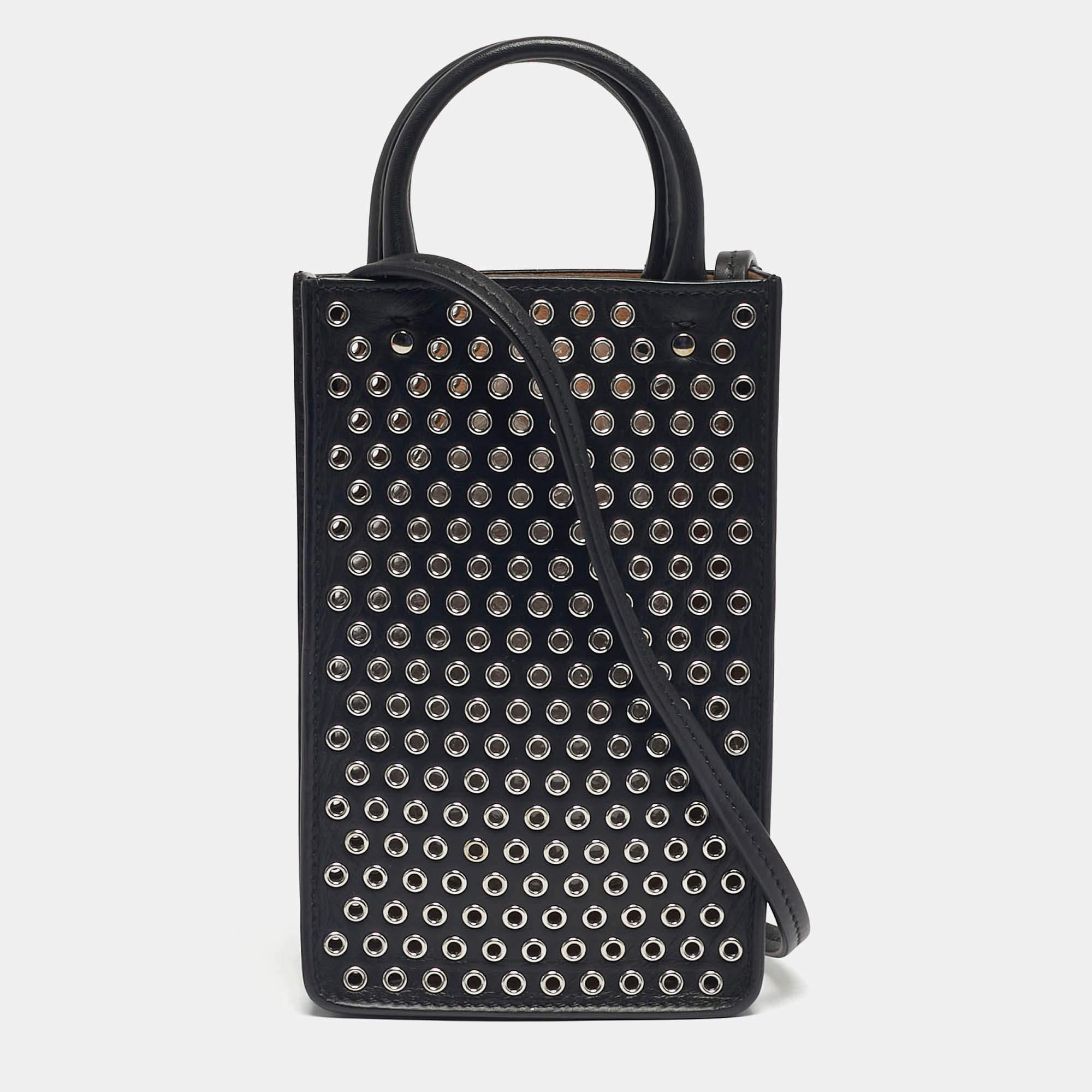 Pre Owned Alaia Black Leather Eyelet Embellished Phone Crossbody Bag