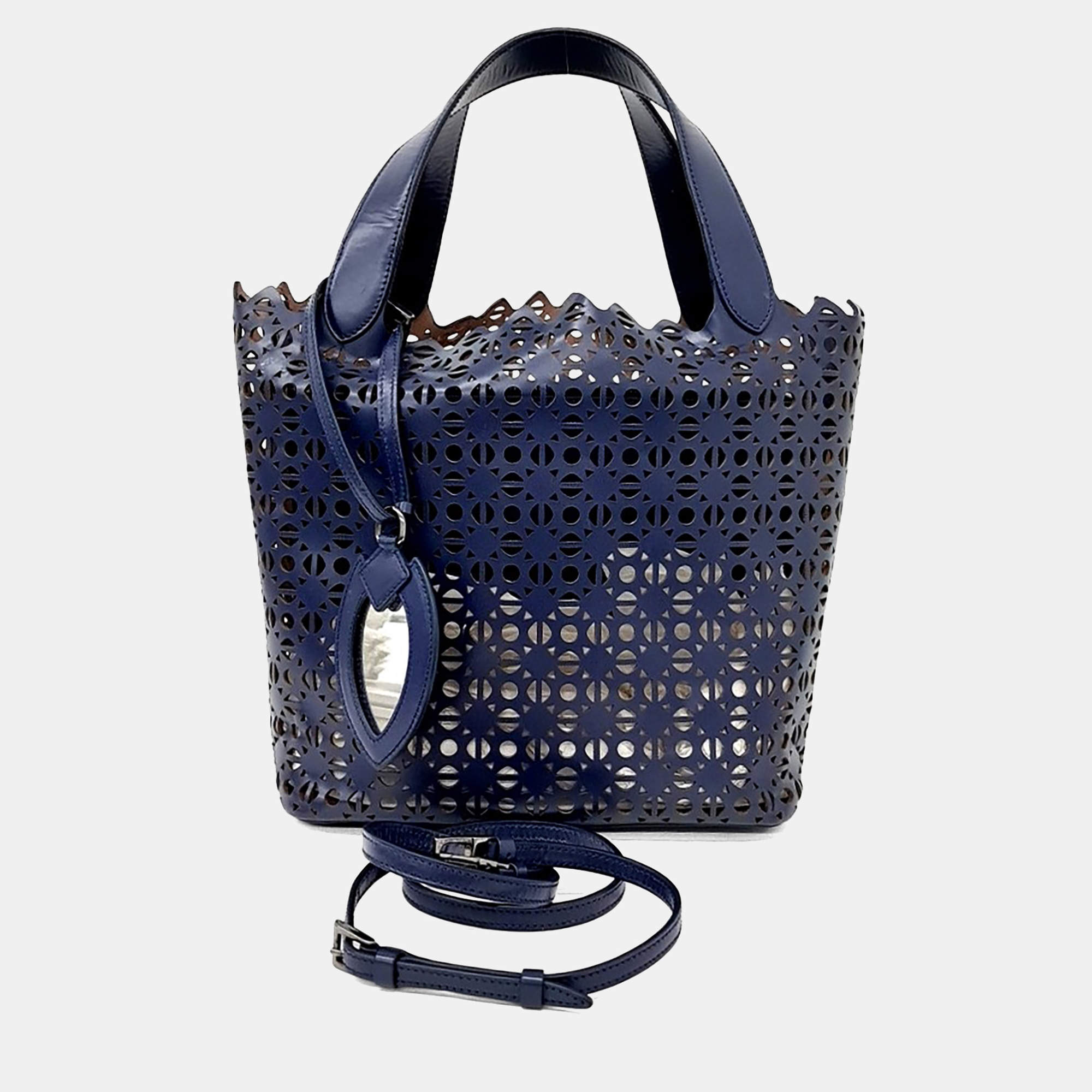 Pre Owned Alaia Navy Blue Leather Laser-Cut Tote and Shoulder Bag