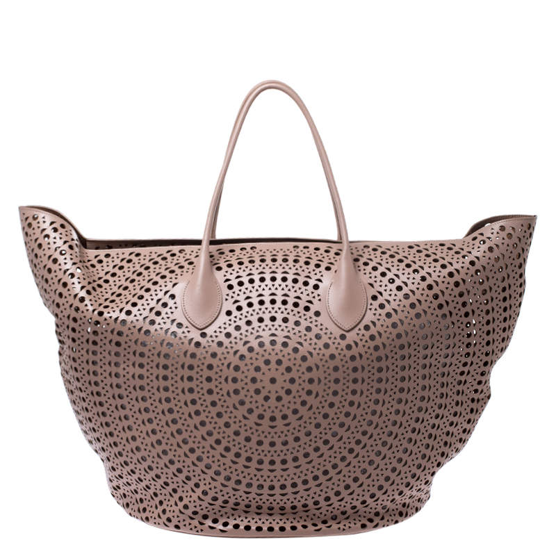 Pre Owned Alaia Pink Leather Laser Cut Mina Shopper Tote