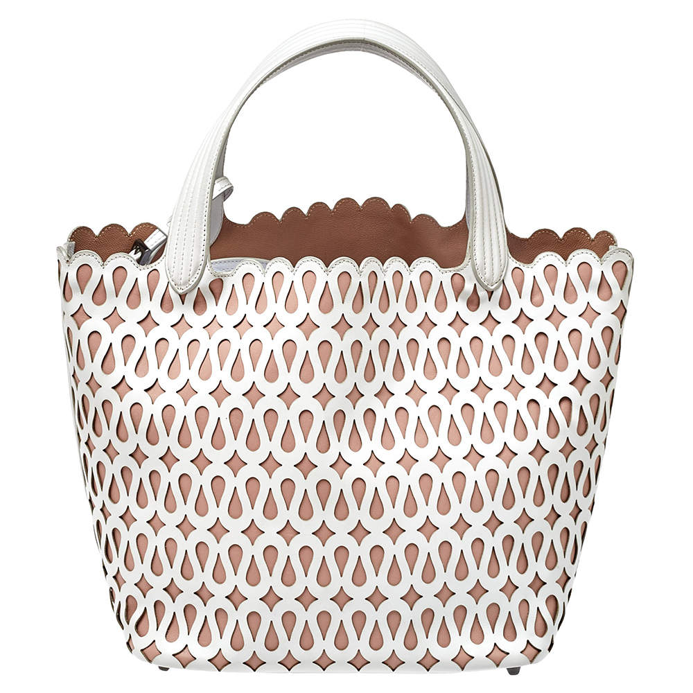 Alaia White/Pink Leather Laser Cut Tote