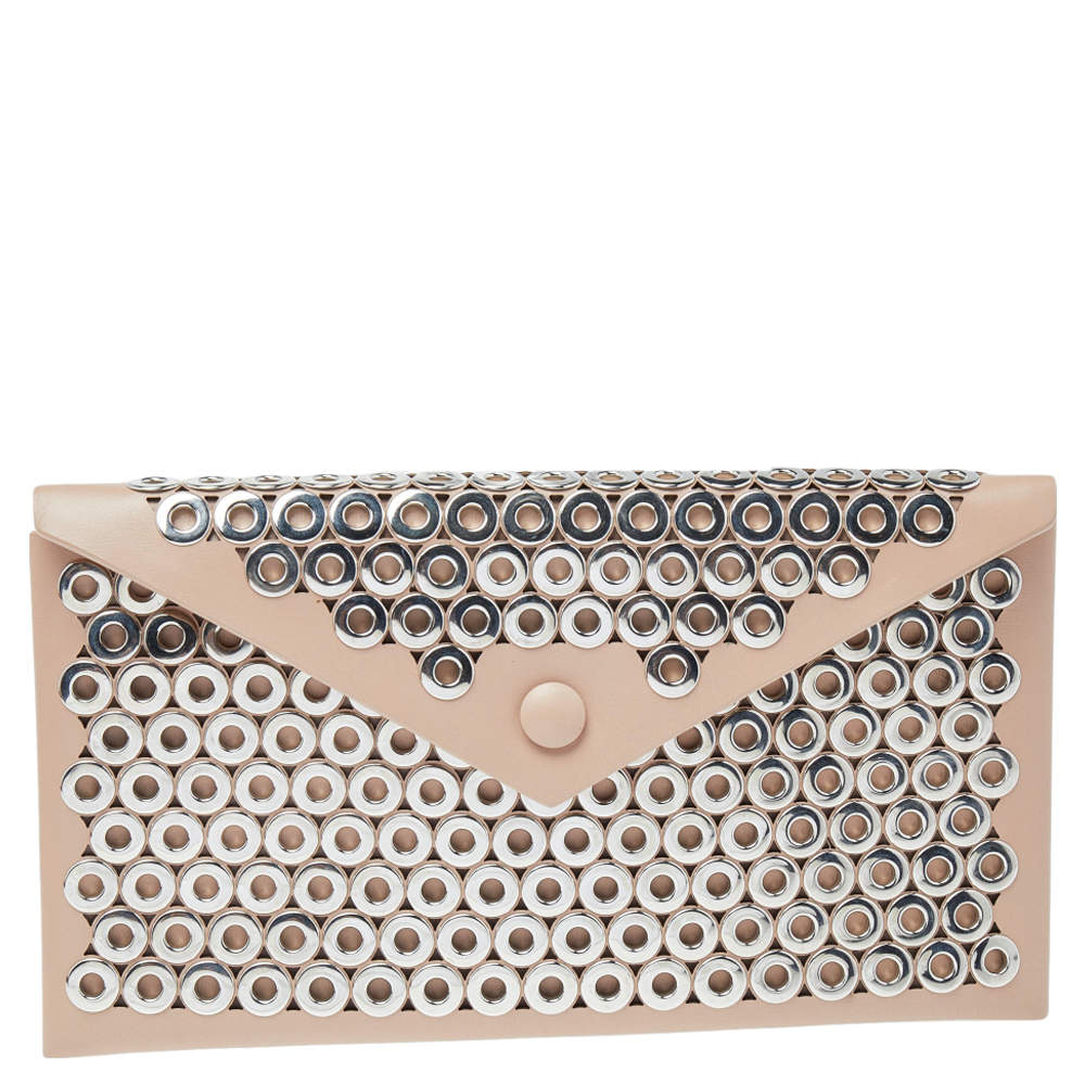 Pre Owned Alaia Beige Leather Grommet Embellished Envelope Clutch