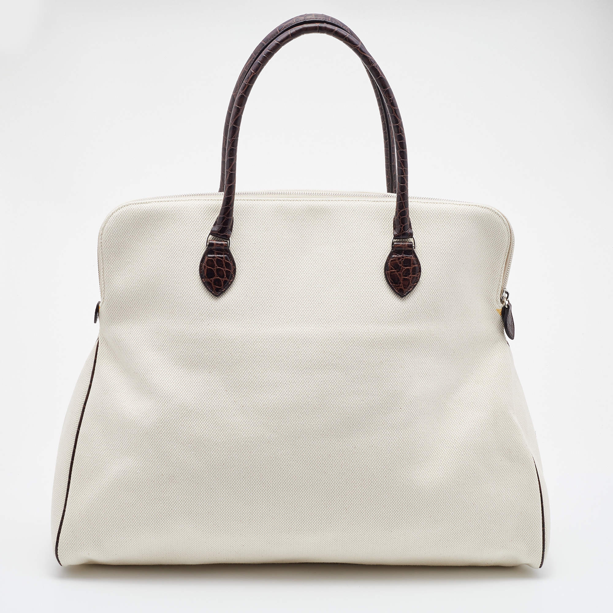 Pre Owned Alaia Off White/Brown Canvas and Croc Embossed Leather Satchel