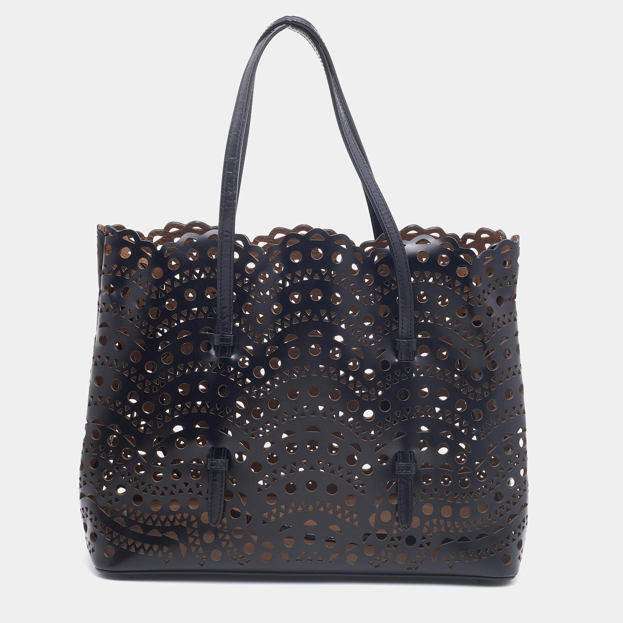 Pre Owned Alaia Black Leather Laser Cut Out Mina Shopper Tote
