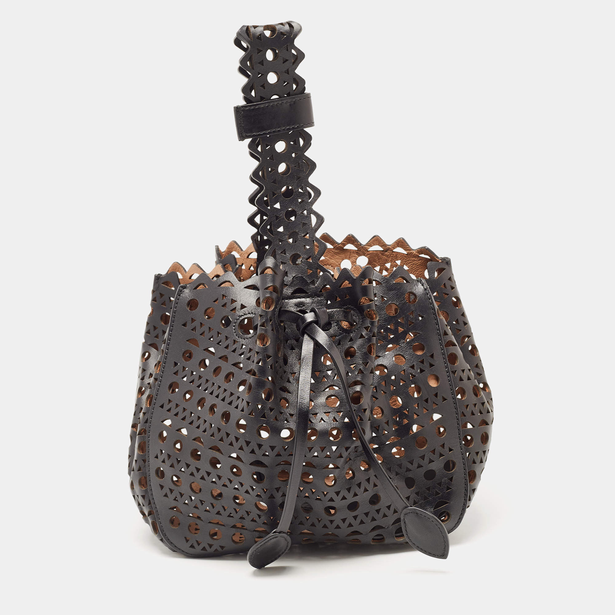 Pre Owned Alaia Black Laser Cut Leather Small Rose Marie Bucket Bag