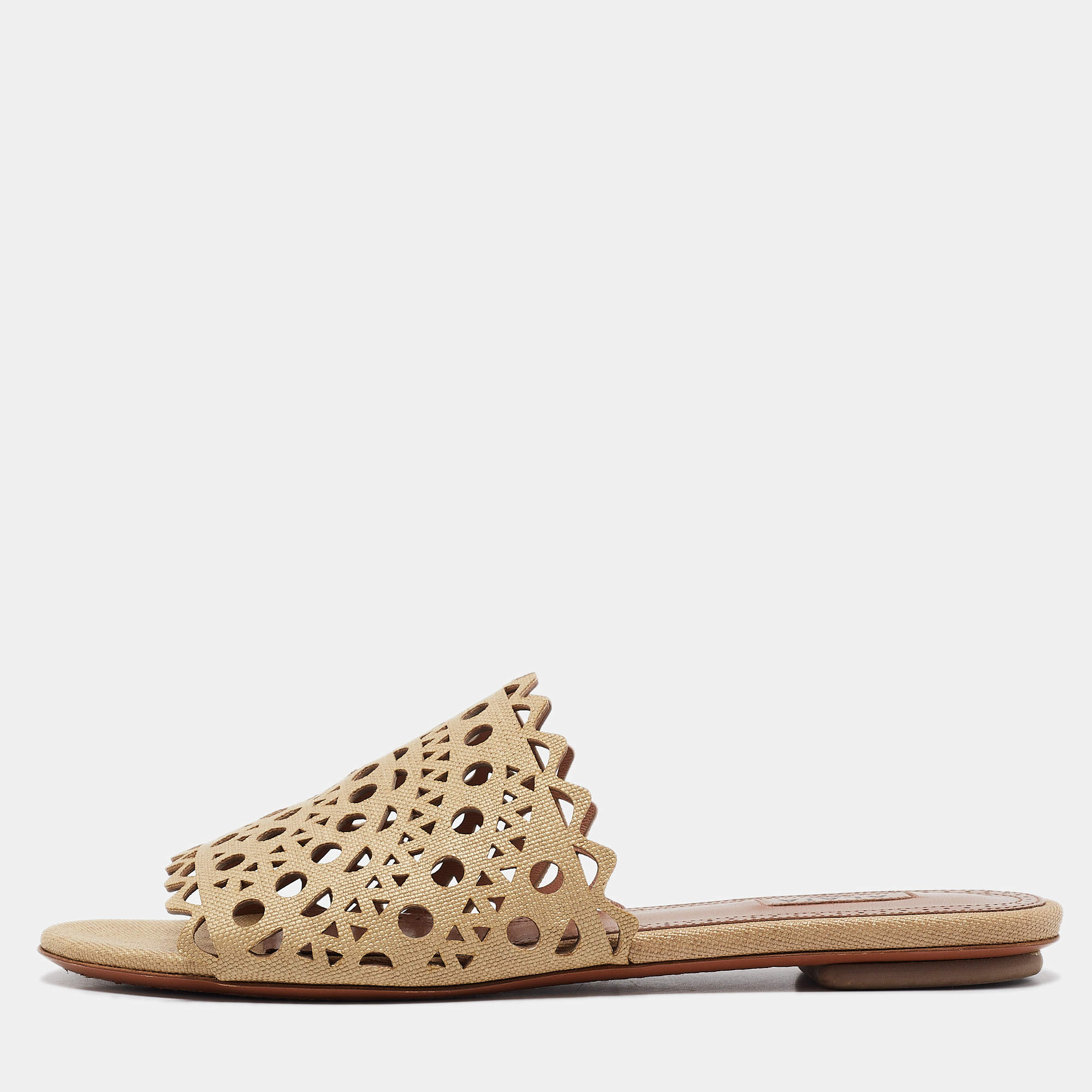 Pre Owned Alaia Beige Cutout Leather Flat Sandals Size 37