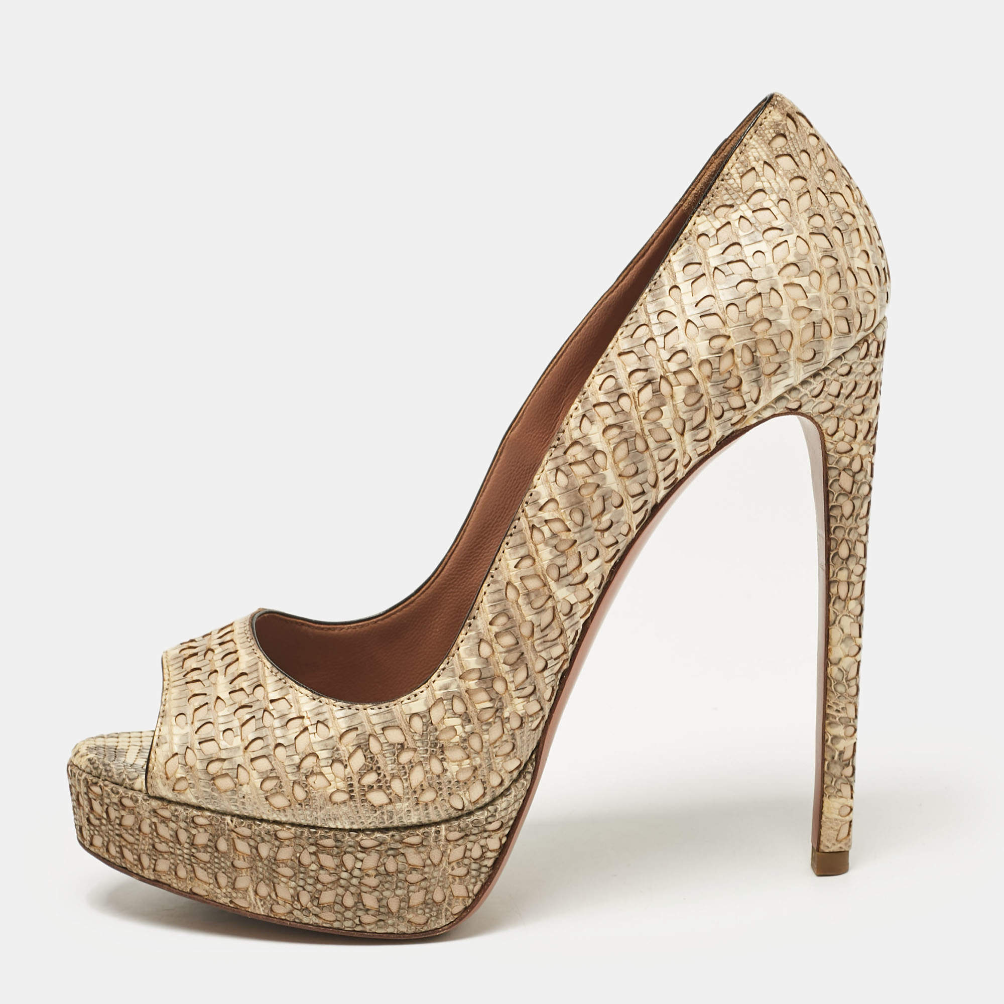 Alaia Beige/Grey Embossed Lizard Laser Cut Peep Toe Platform Pumps Size 38