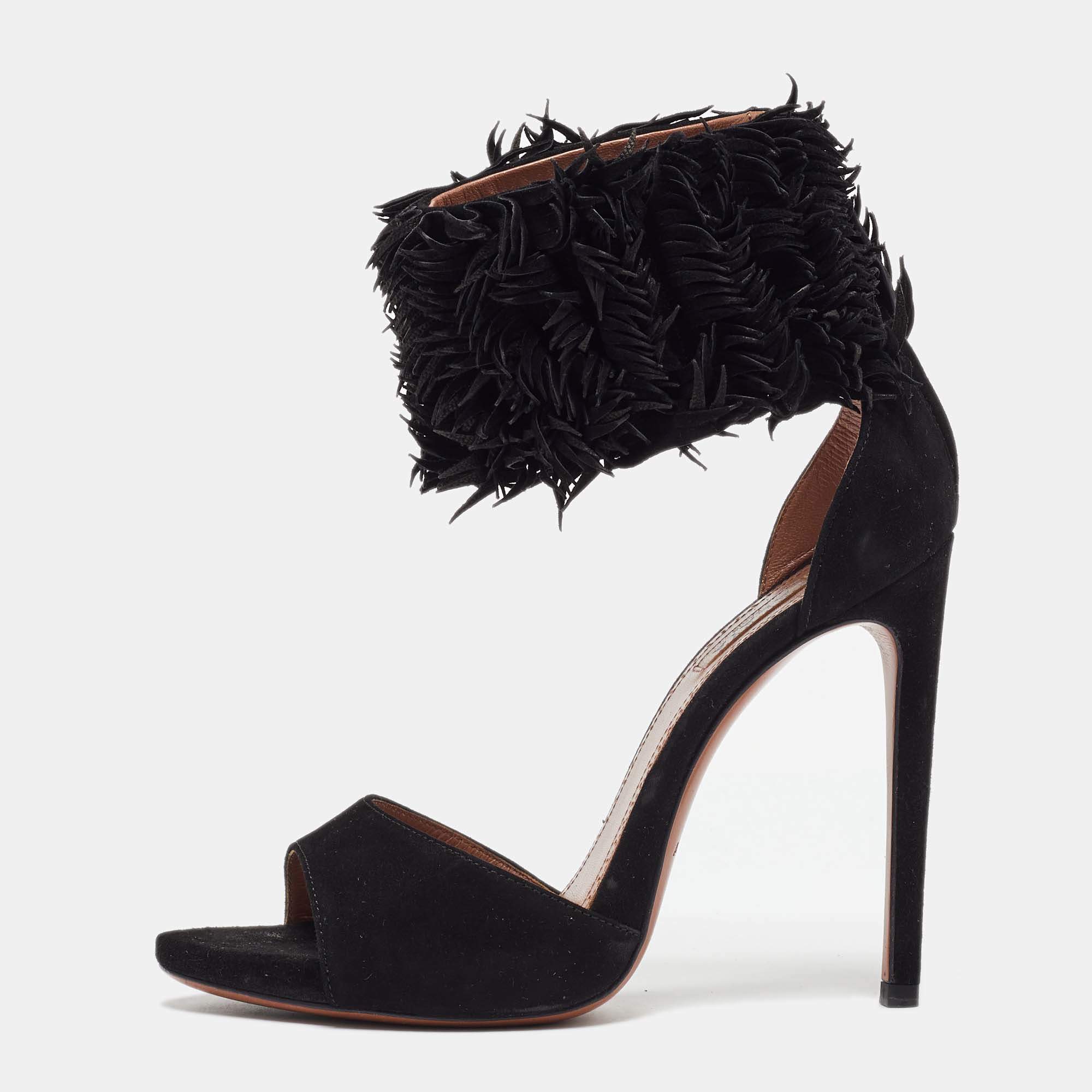 Alaia Black Suede Fringed Chamois Ankle Cuff Sandals Size 37