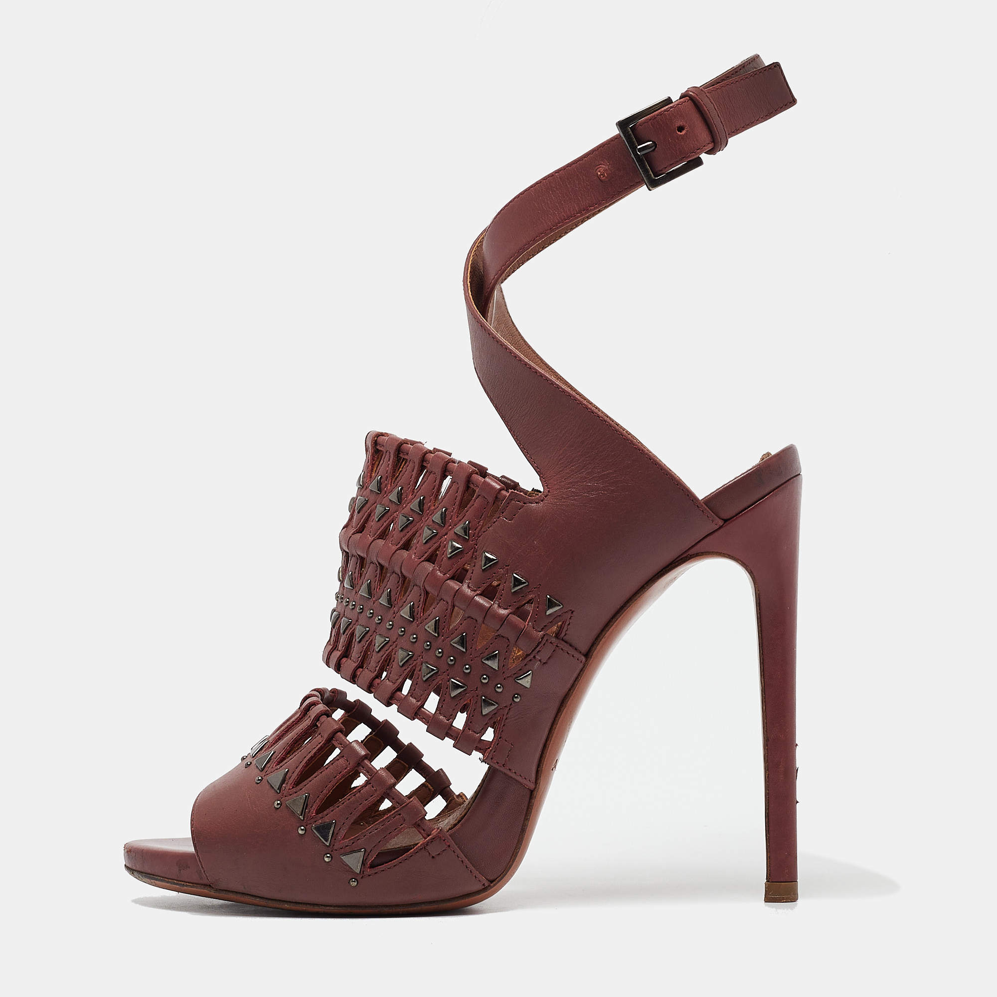 Alaia Burgundy Leather Studded and Laser Cut Ankle Strap Sandals Size 37