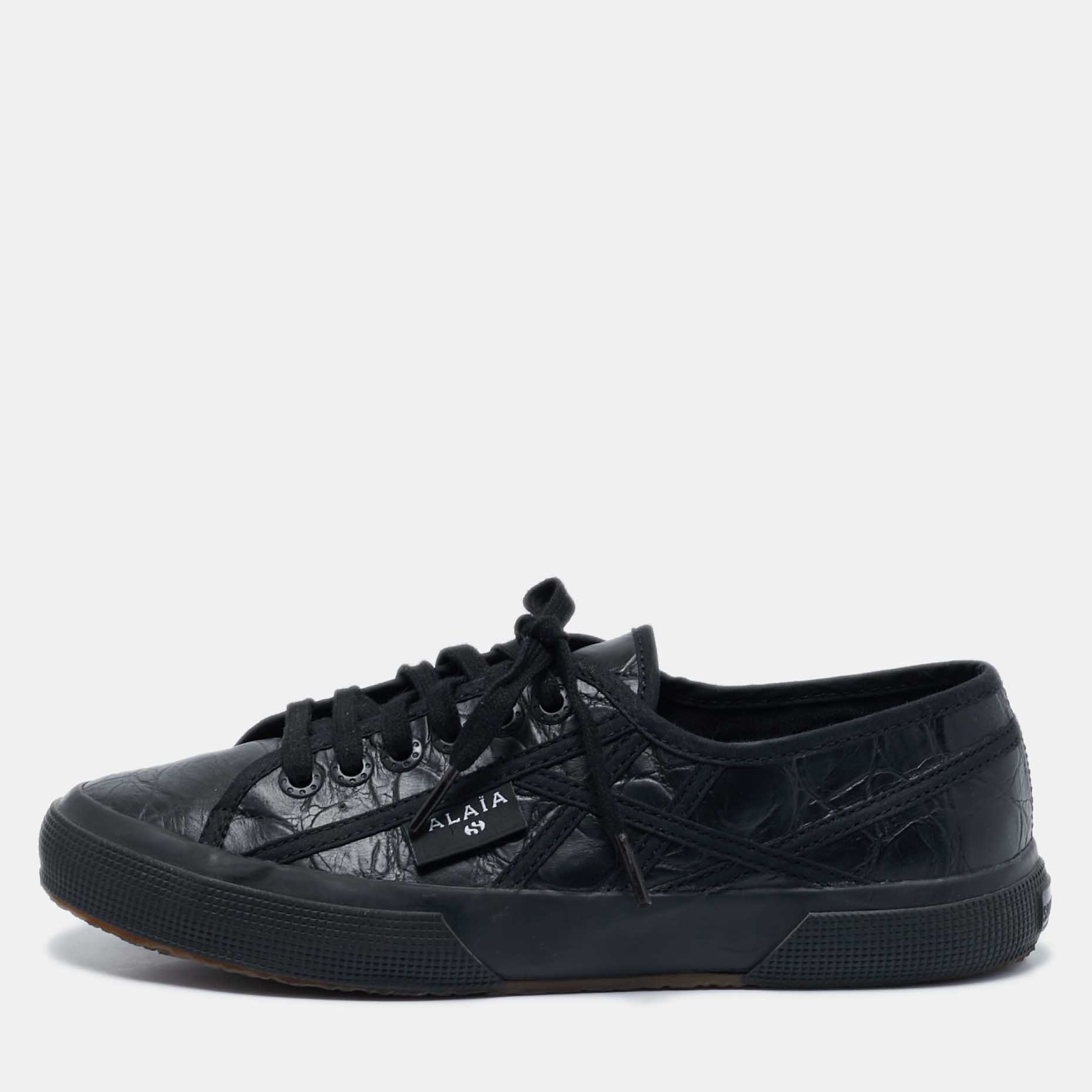 Alaia Black Croc Embossed Leather Superga Low Top Sneakers Size 39