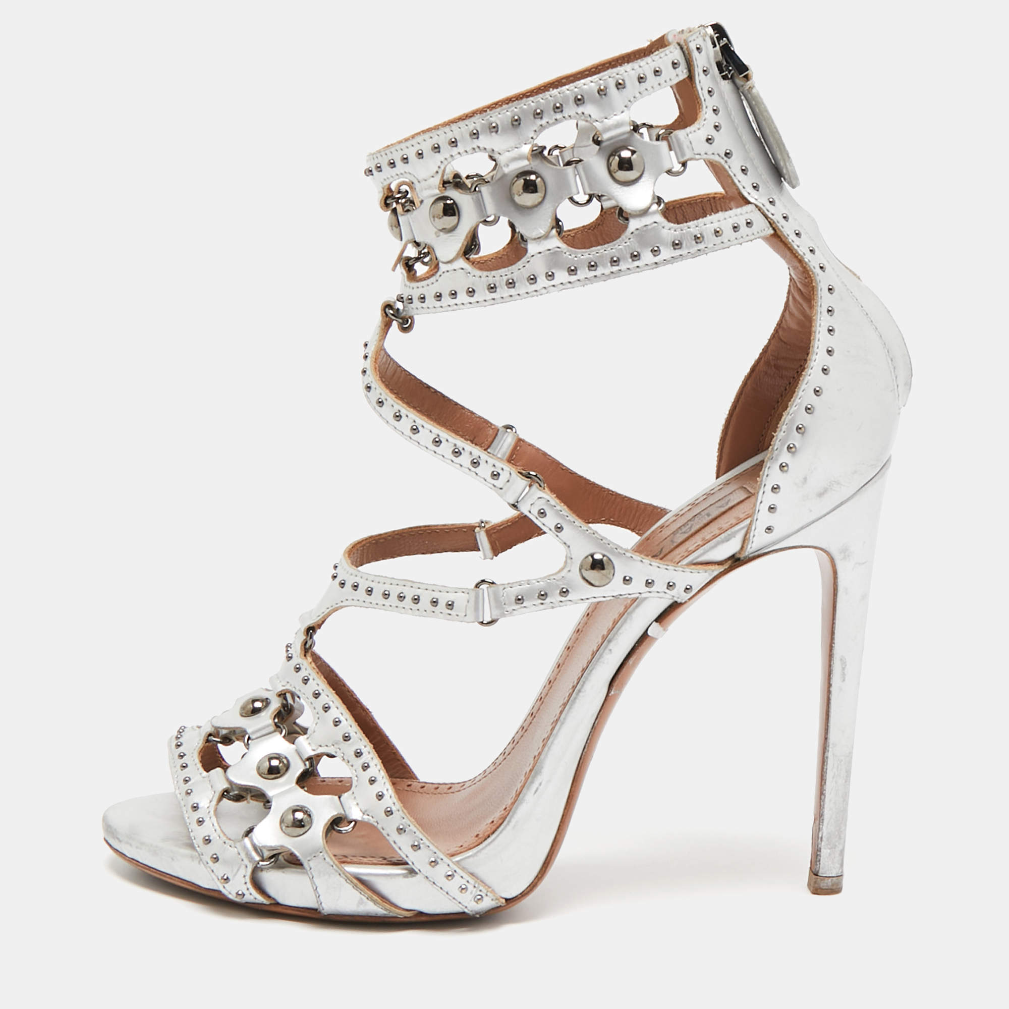 Alaia Silver Leather Cut Out Studded Ankle Strap Sandals Size 38.5