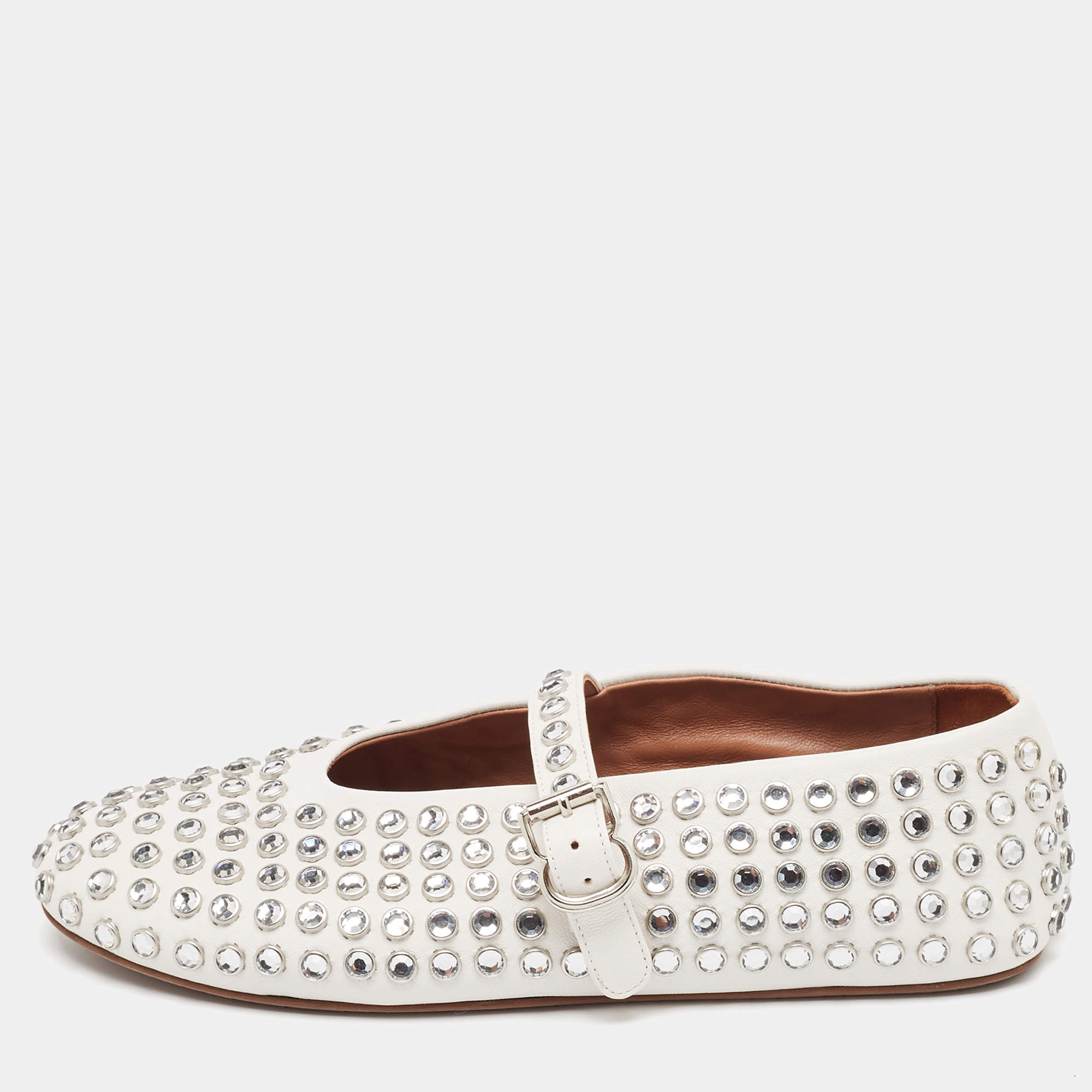Pre Owned Alaia White Leather Crystal Embellished Mary Jane Ballet Flats Size 37