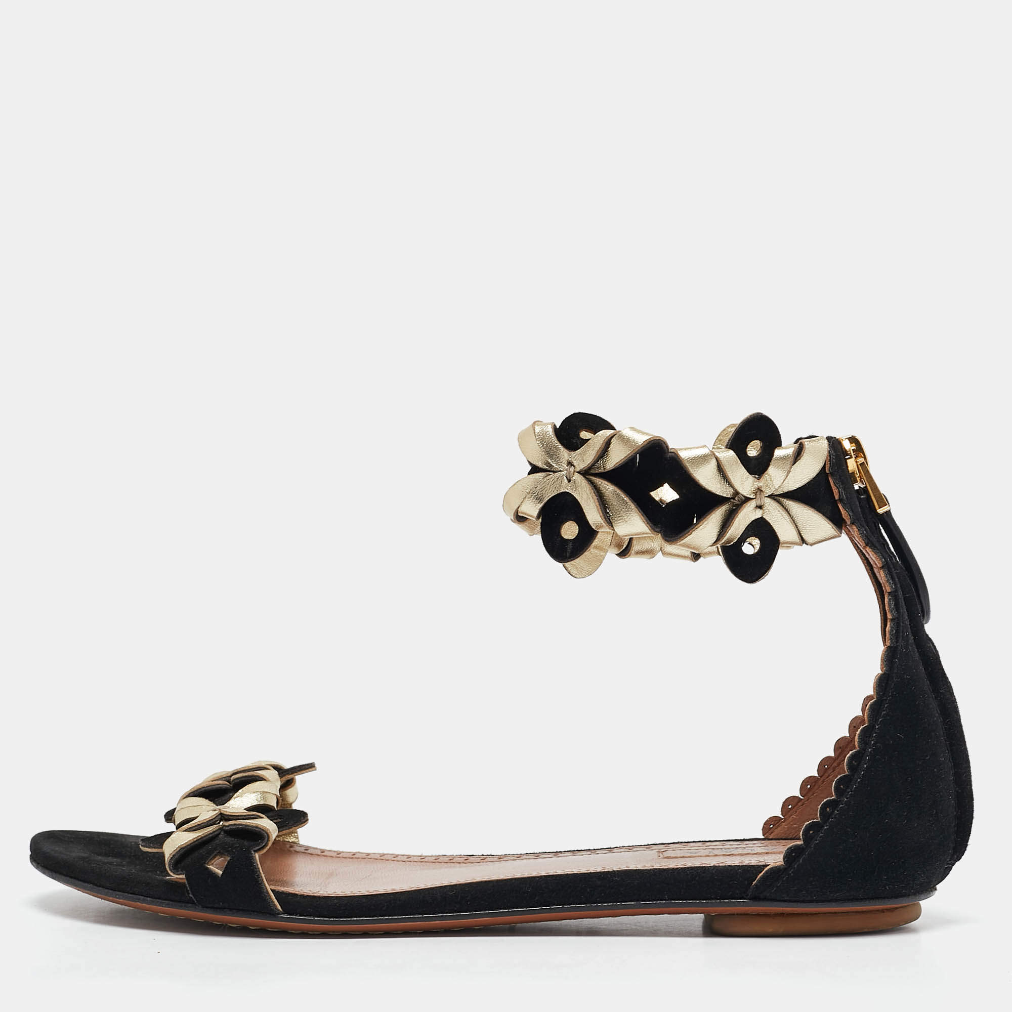 Alaia Black/Gold Leather and Suede Ankle Strap Flat Sandals Size 37