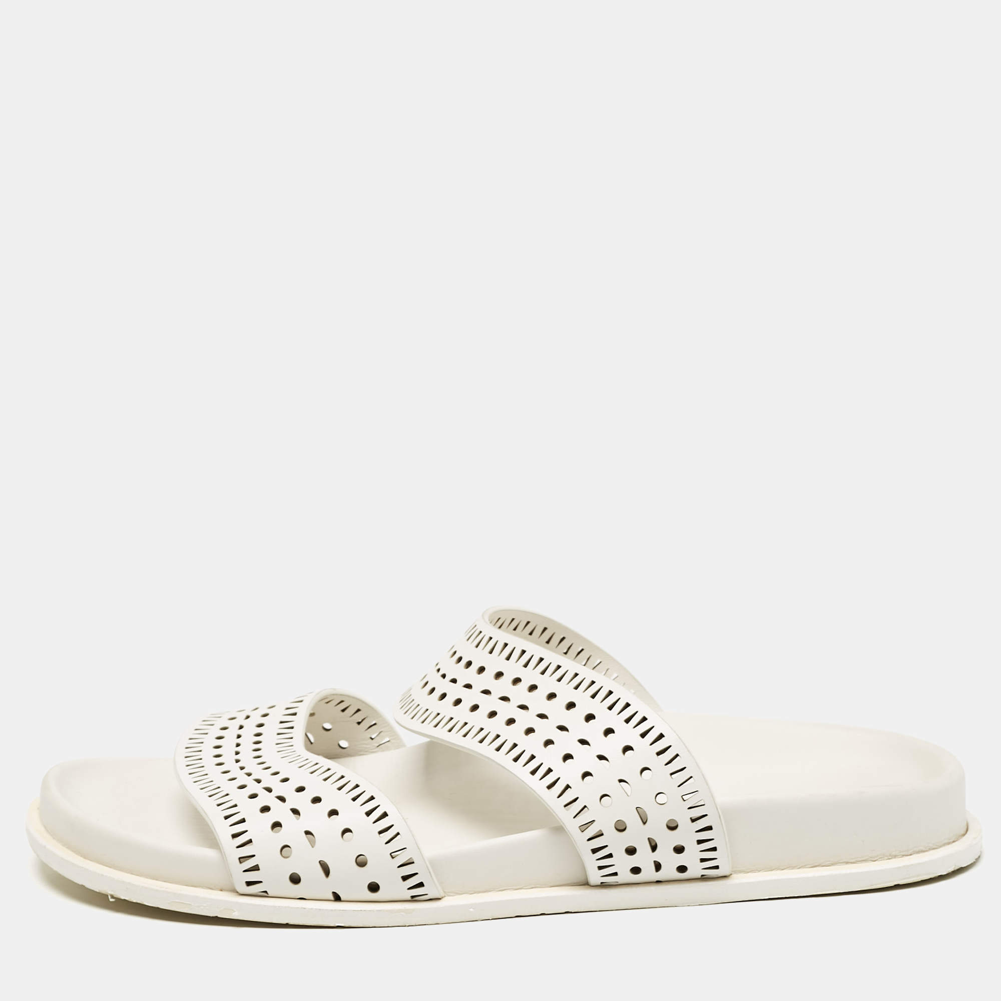 Alaia White Perforated Leather Flat Slides Size 40