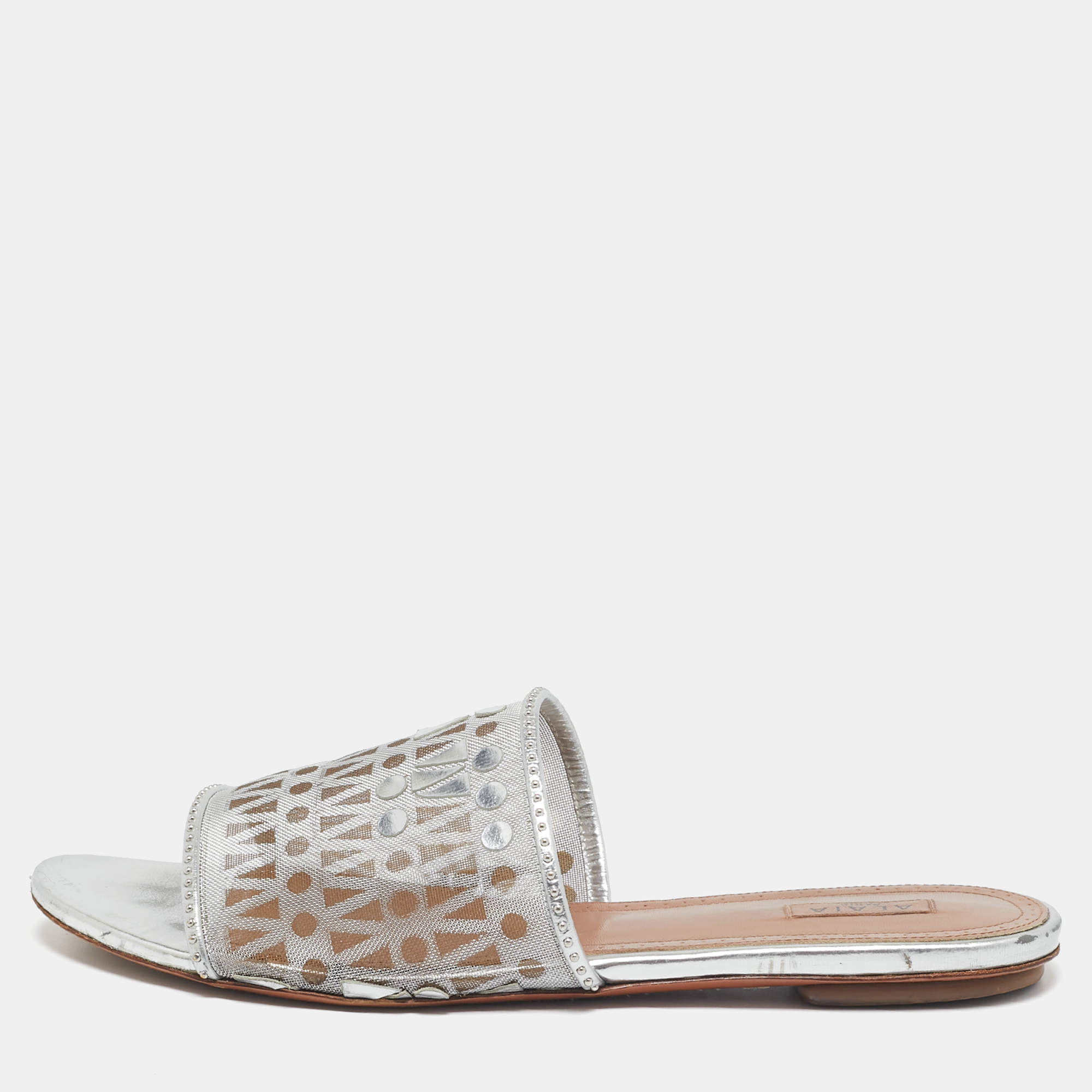Alaia Silver Leather and Net Flat Slides Size 40
