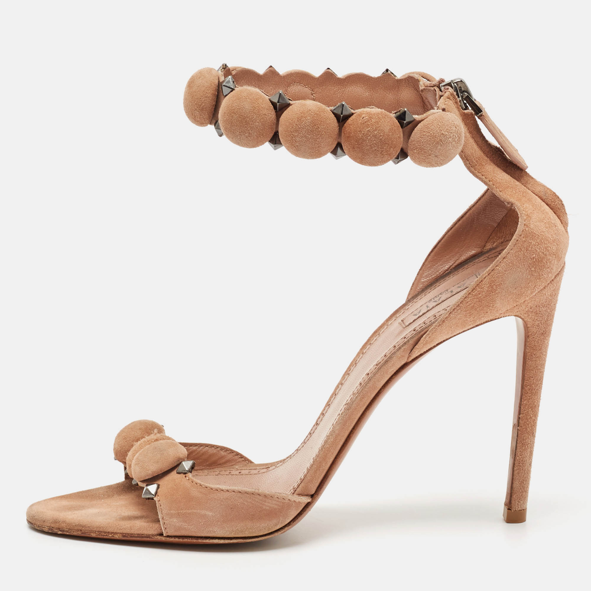 Alaia Beige Suede Studded Bombe T-Strap Ankle Cuff Sandals Size 38.5