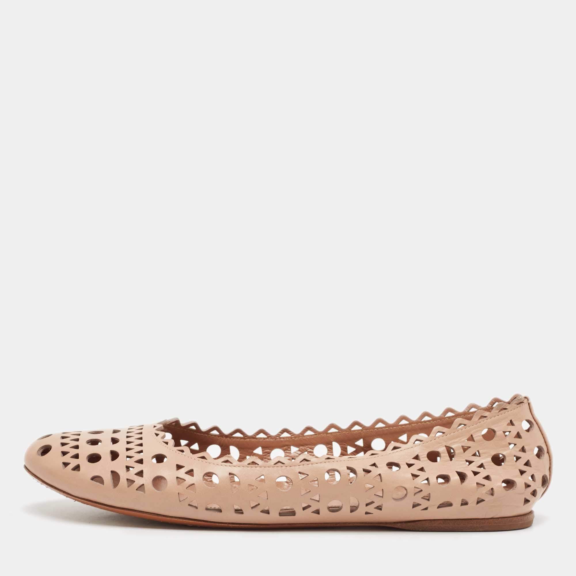 Alaia Beige Cut Out Leather Ballet Flats Size 41