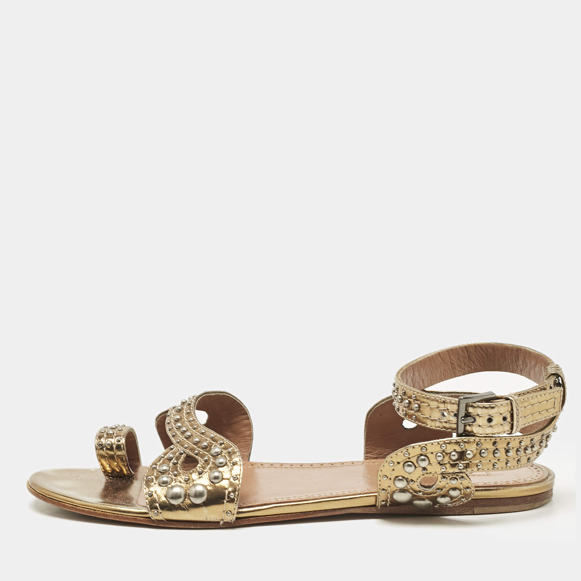 Alaia Gold Leather Embellished Ankle Strap Flat Sandals Size 37