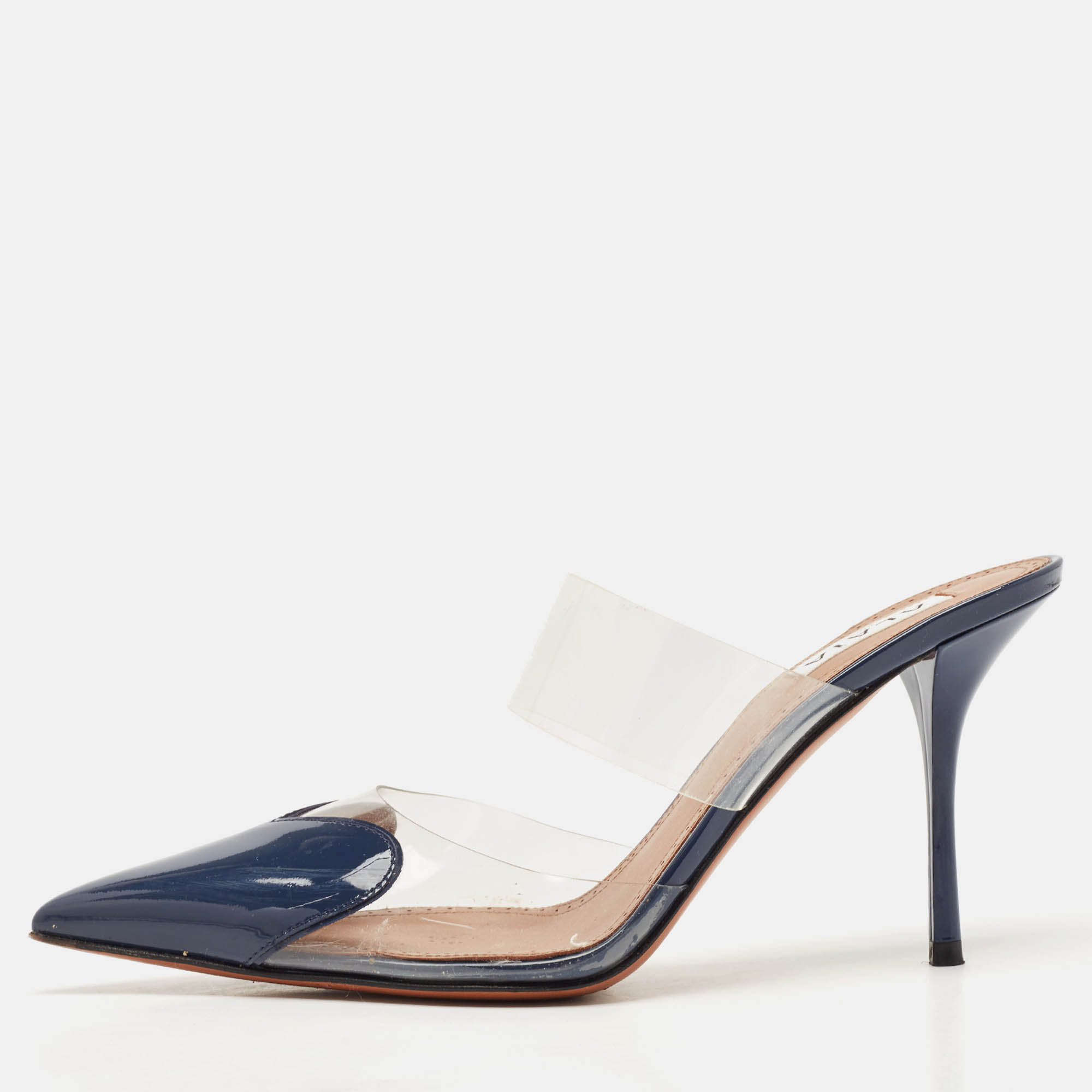 مملوكة مسبقًا Alaia Navy Blue Patent Leather and PVC Le Coeur Mules Size 38
