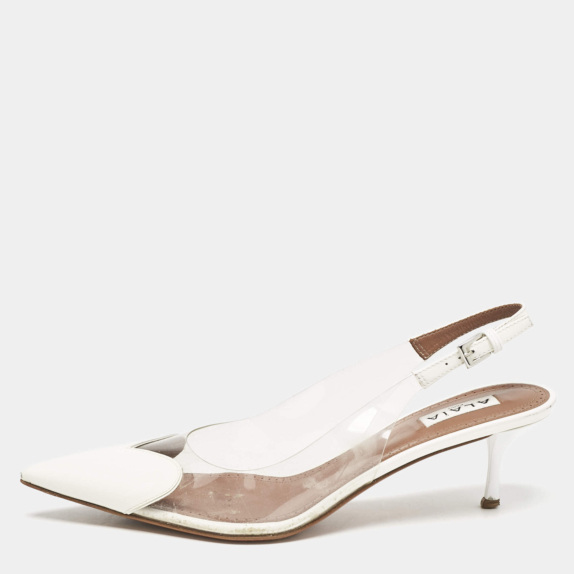 Pre Owned Alaia White Patent Leather and PVC le coeur Slingback Pumps Size 38