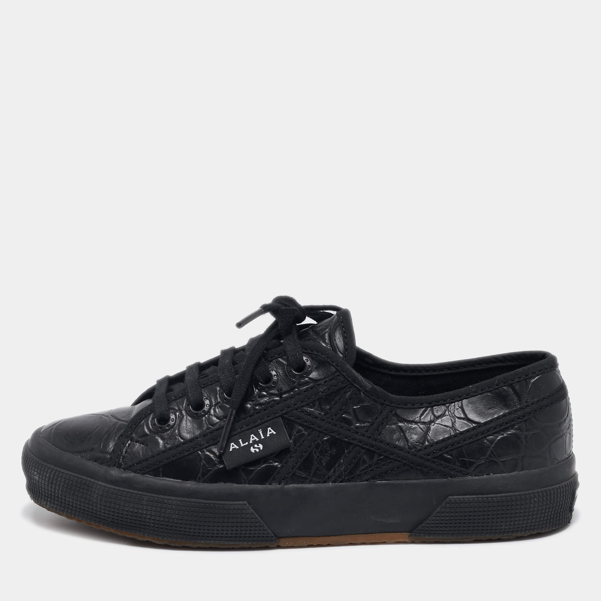 Alaia Black Croc Embossed Leather Superga Sneakers Size 37