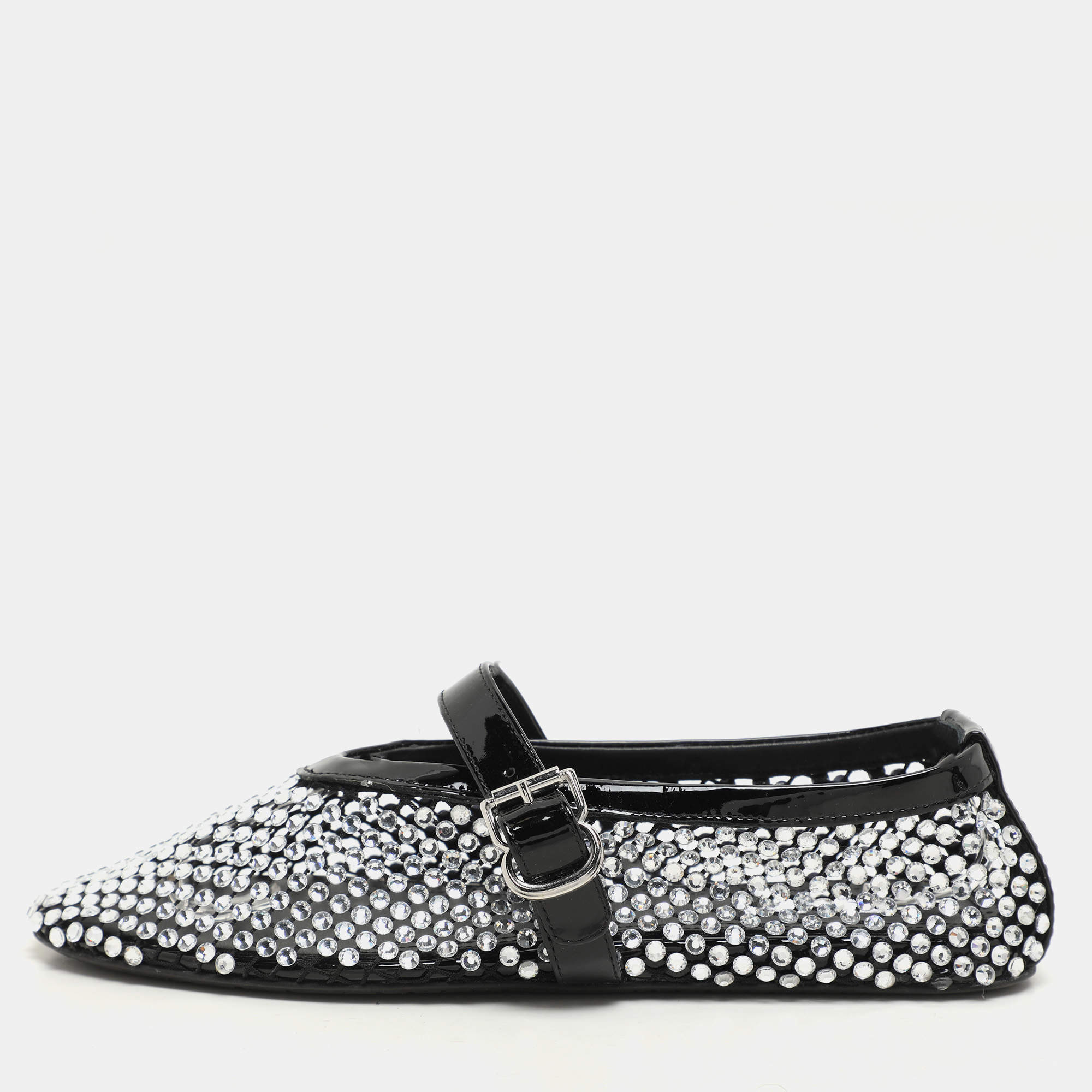 Alaia Silver/Black Crystal Embellished Mesh and Patent Leather Ballet Flats Size 36