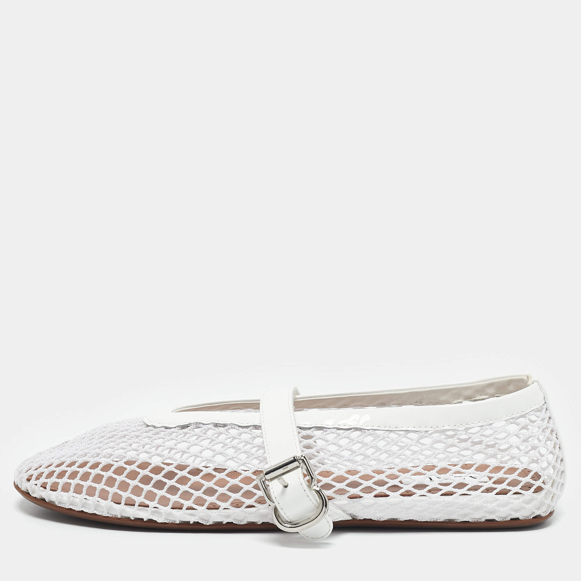 Pre Owned Alaia White Mesh and Patent Leather Buckle Detail Ballet Flats Size 36.5